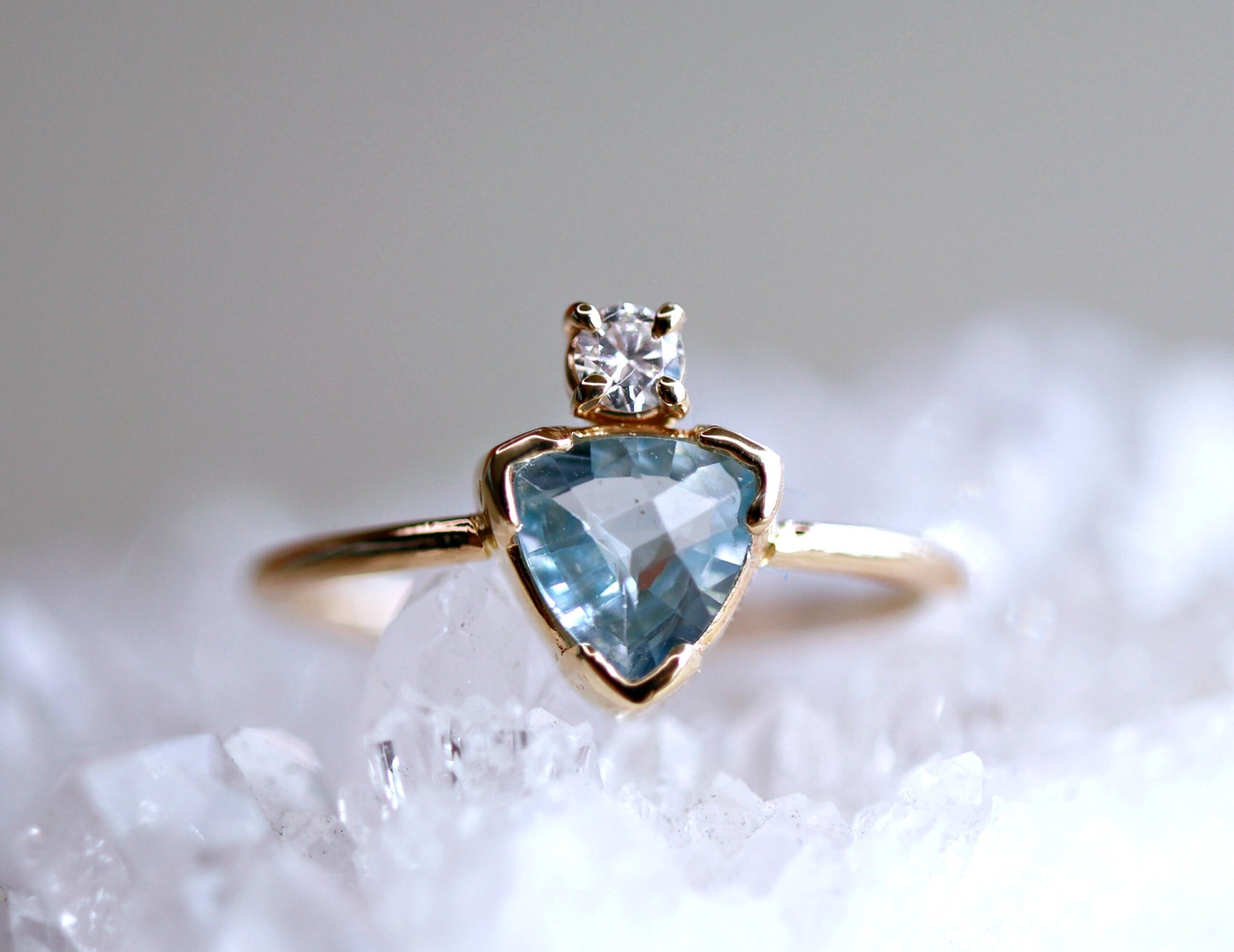 Trillion Cut Aquamarine and Diamond Ring in 14k White Gold or Yellow Gold