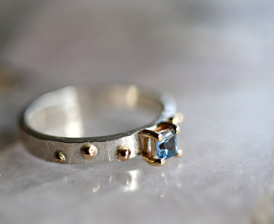 Silver and Gold Mixed Metal Princess Cut Aquamarine Ring, Special Design