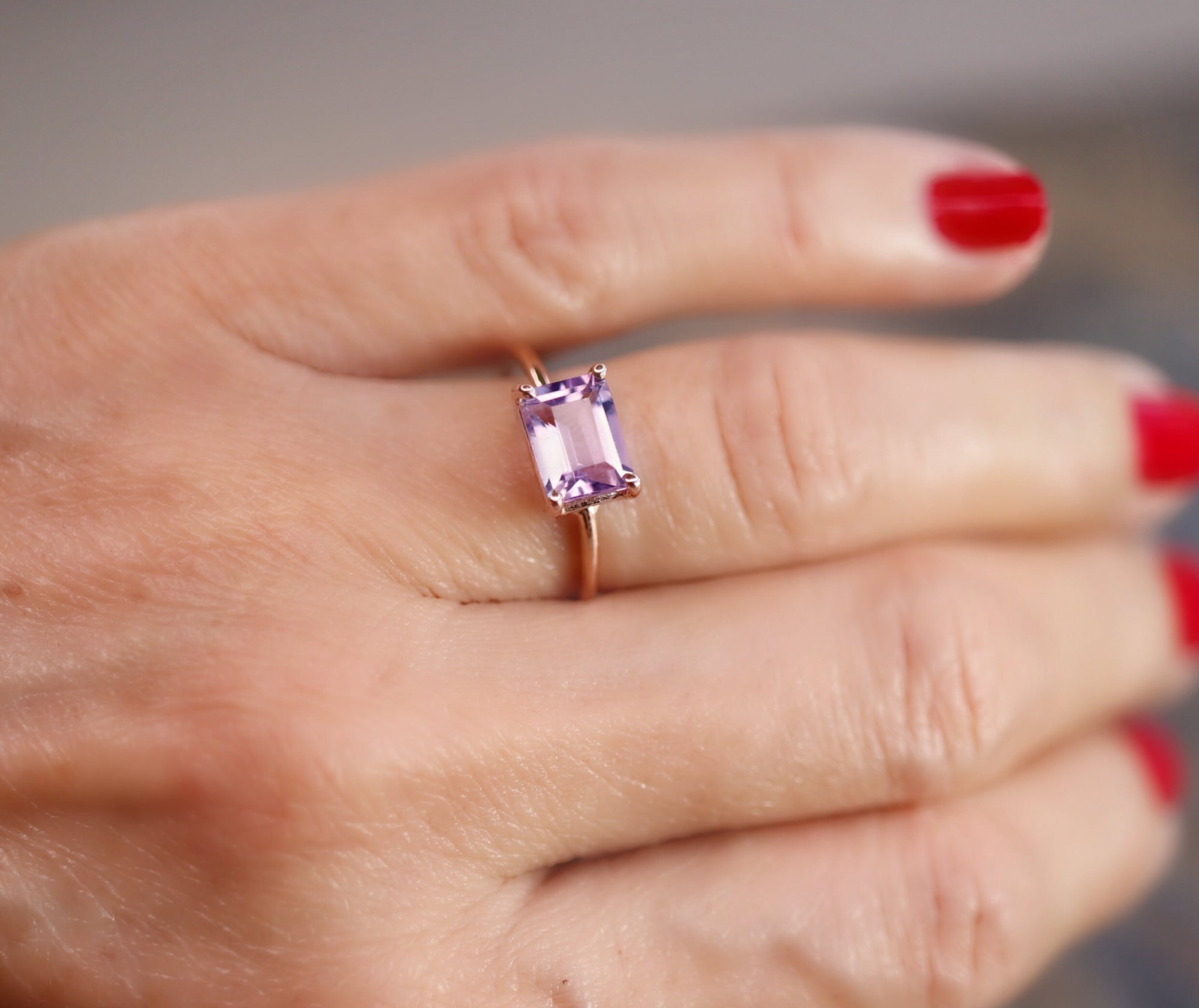 Emerald Cut Amethyst Ring in 14k Rose Gold or Yellow Gold