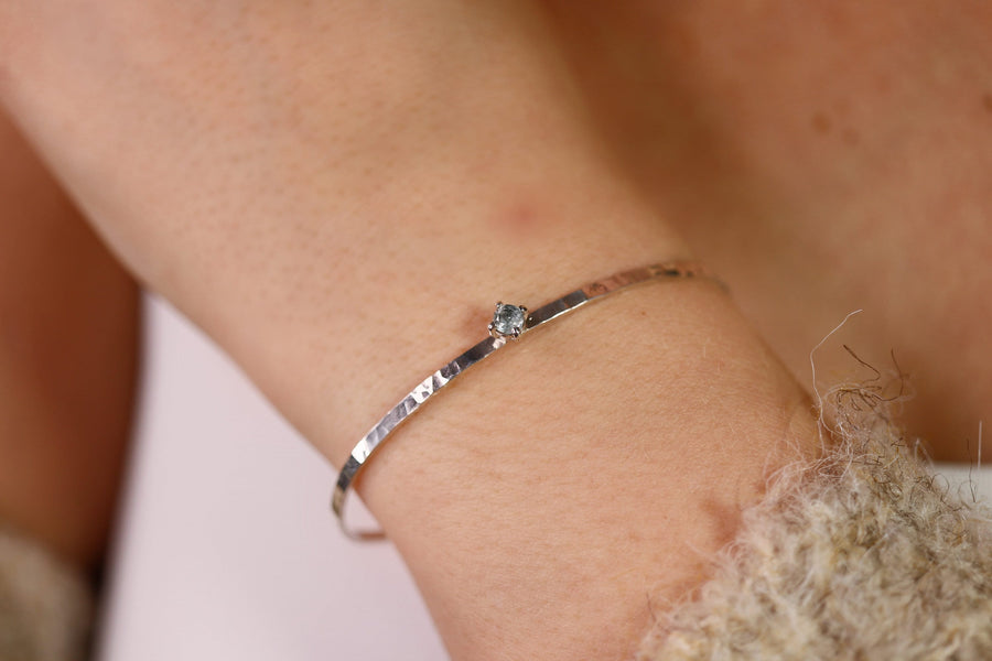 Aquamarine Bracelet in Sterling Silver, Hammered Silver Cuff Bracelet
