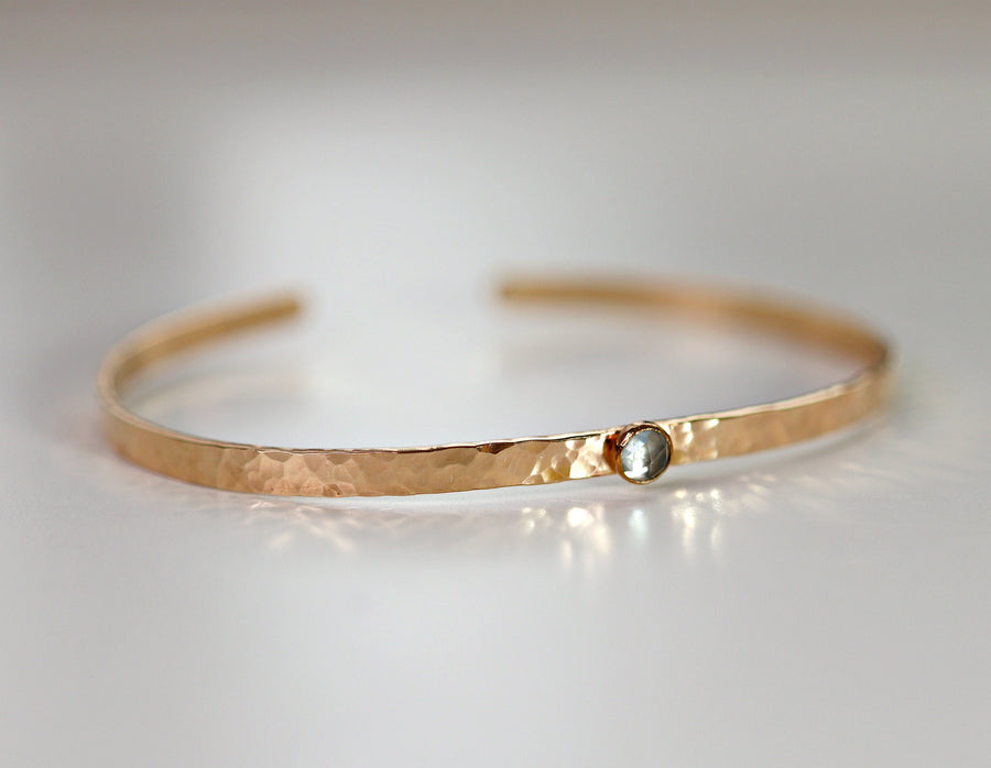 Aquamarine Cuff Bracelet, Hammered Gold Filled Cuff Bracelet