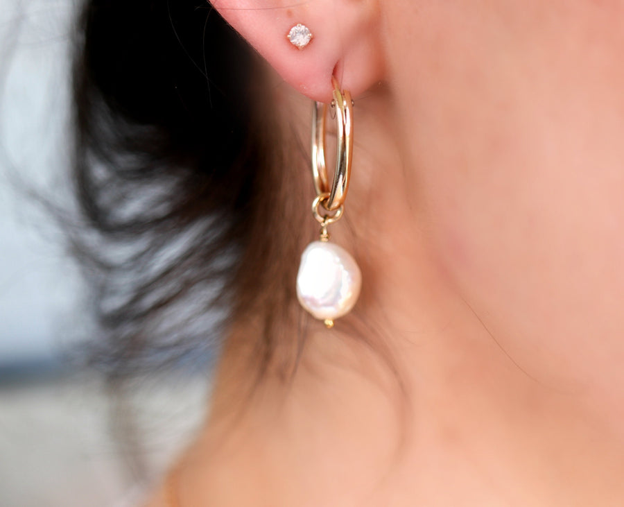 Pearl Hoop Earrings, Gold Filled Oval Hoop Earrings with Baroque Pearls