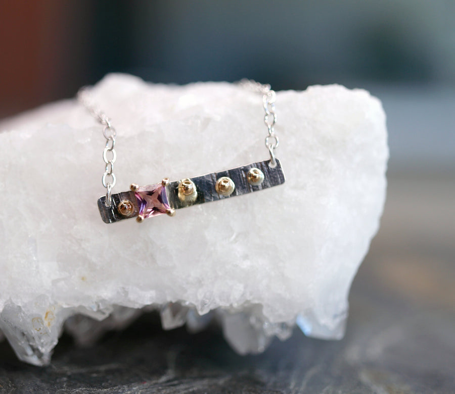 Sterling Silver Bar Pink Tourmaline Necklace with 14k Gold Dots Necklace