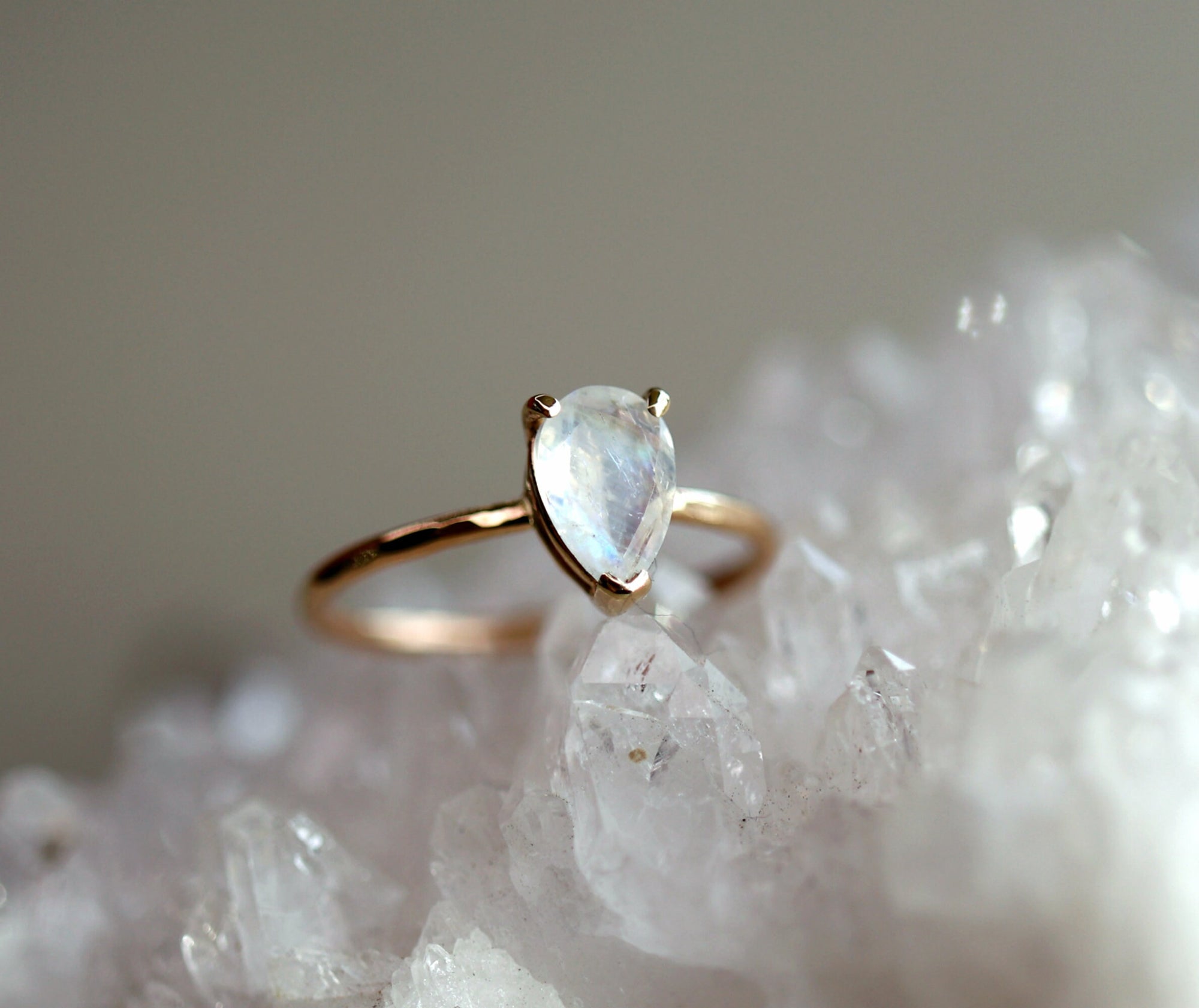 14k Gold Pear Cut Rainbow Moonstone Ring