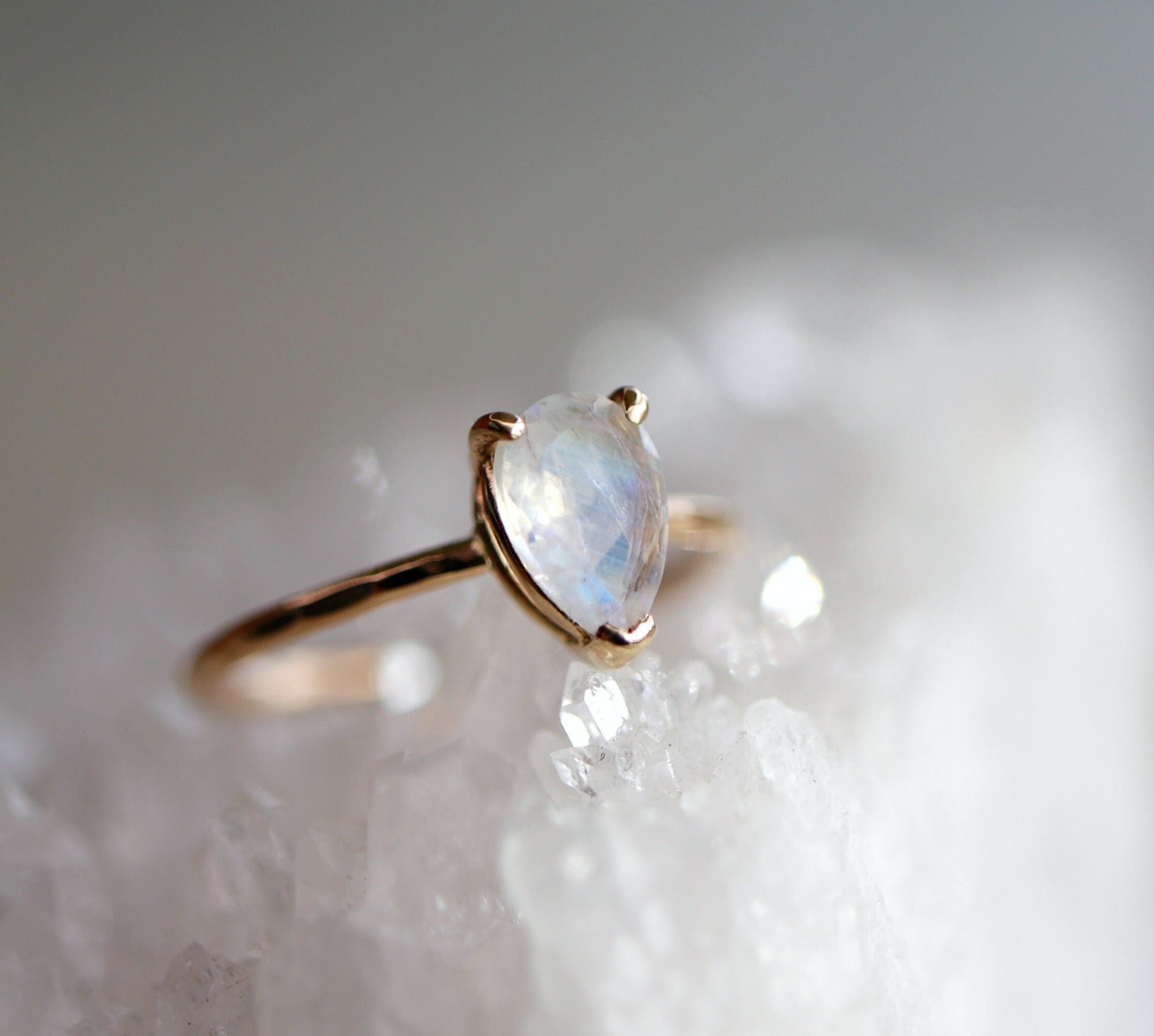 14k Gold Pear Cut Rainbow Moonstone Ring