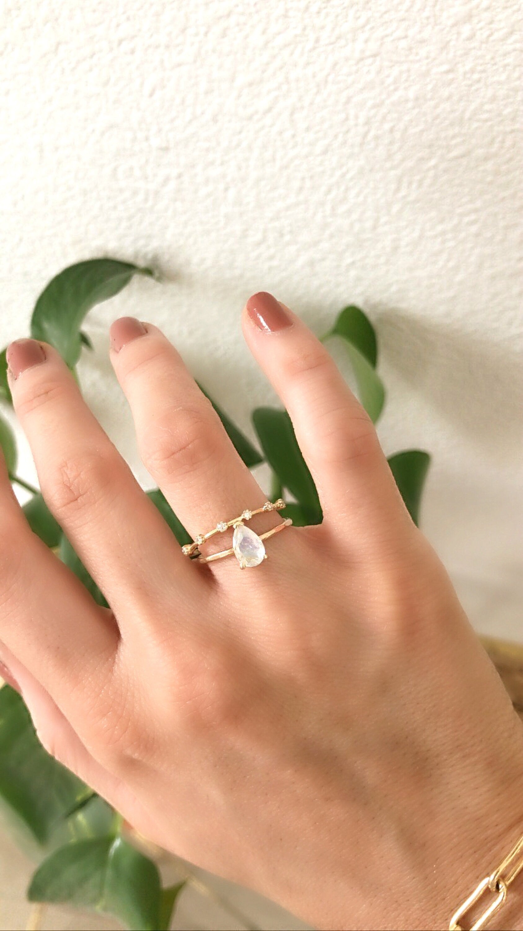 14k Gold Pear Cut Rainbow Moonstone Ring