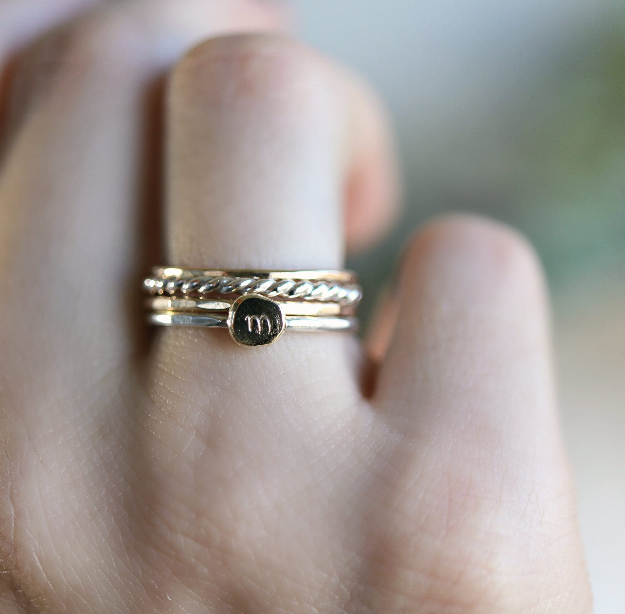 Solid 14k Gold Rustic Pebble Ring, Silver Band Gold Initial Ring