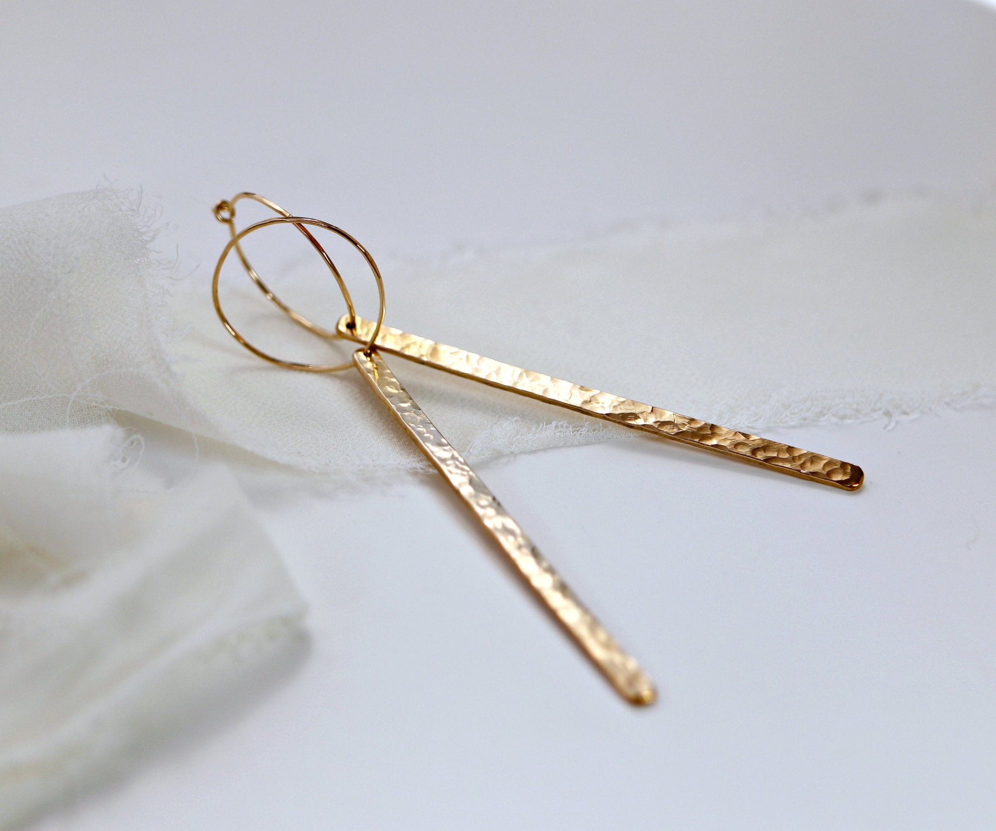 Hammered Gold Long Bar Earrings