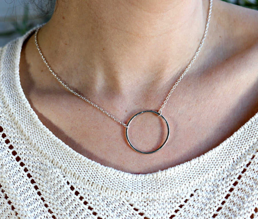 Open Circle Necklace Hammered Silver