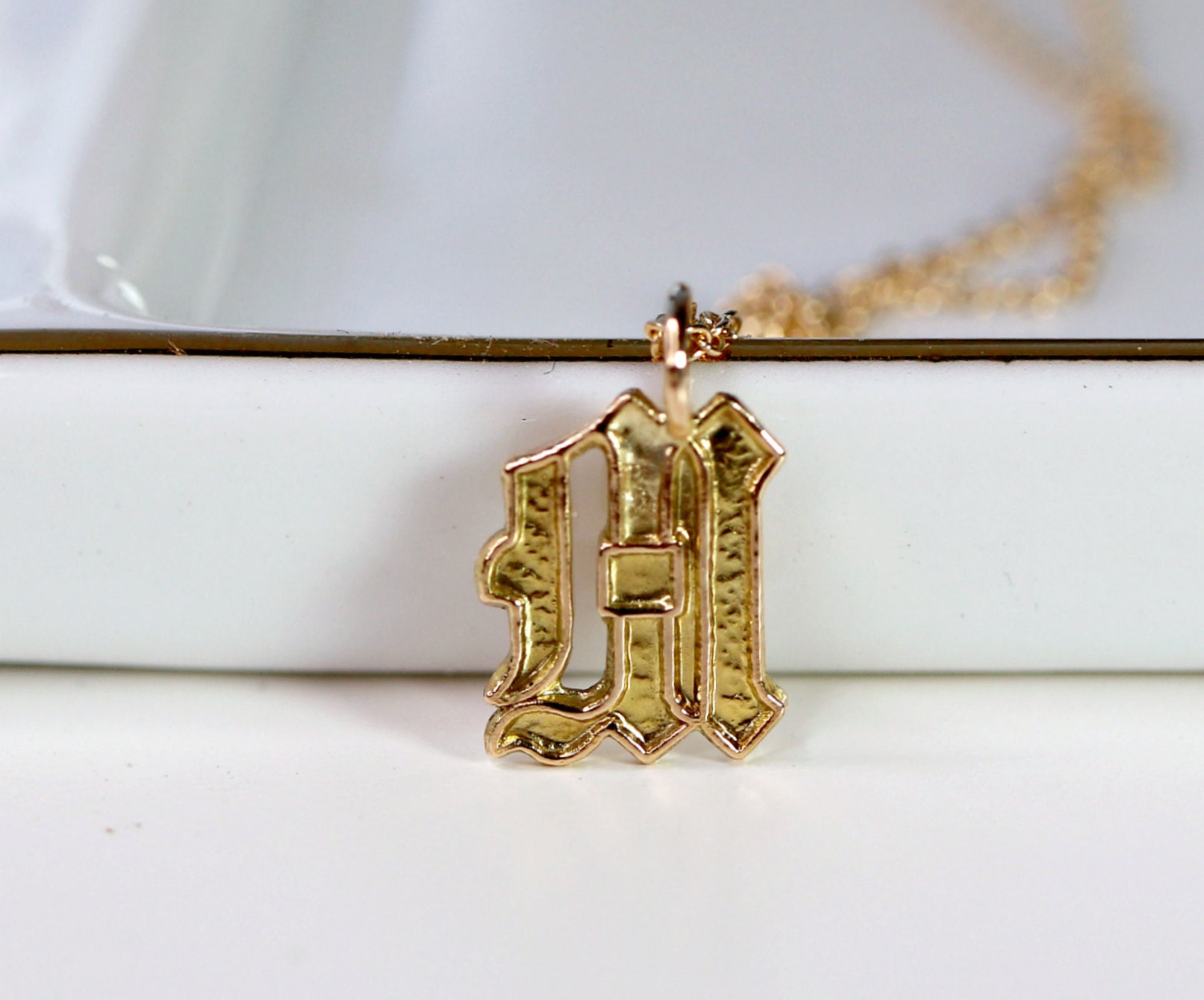 14k Solid Gold Old English Initial Necklace