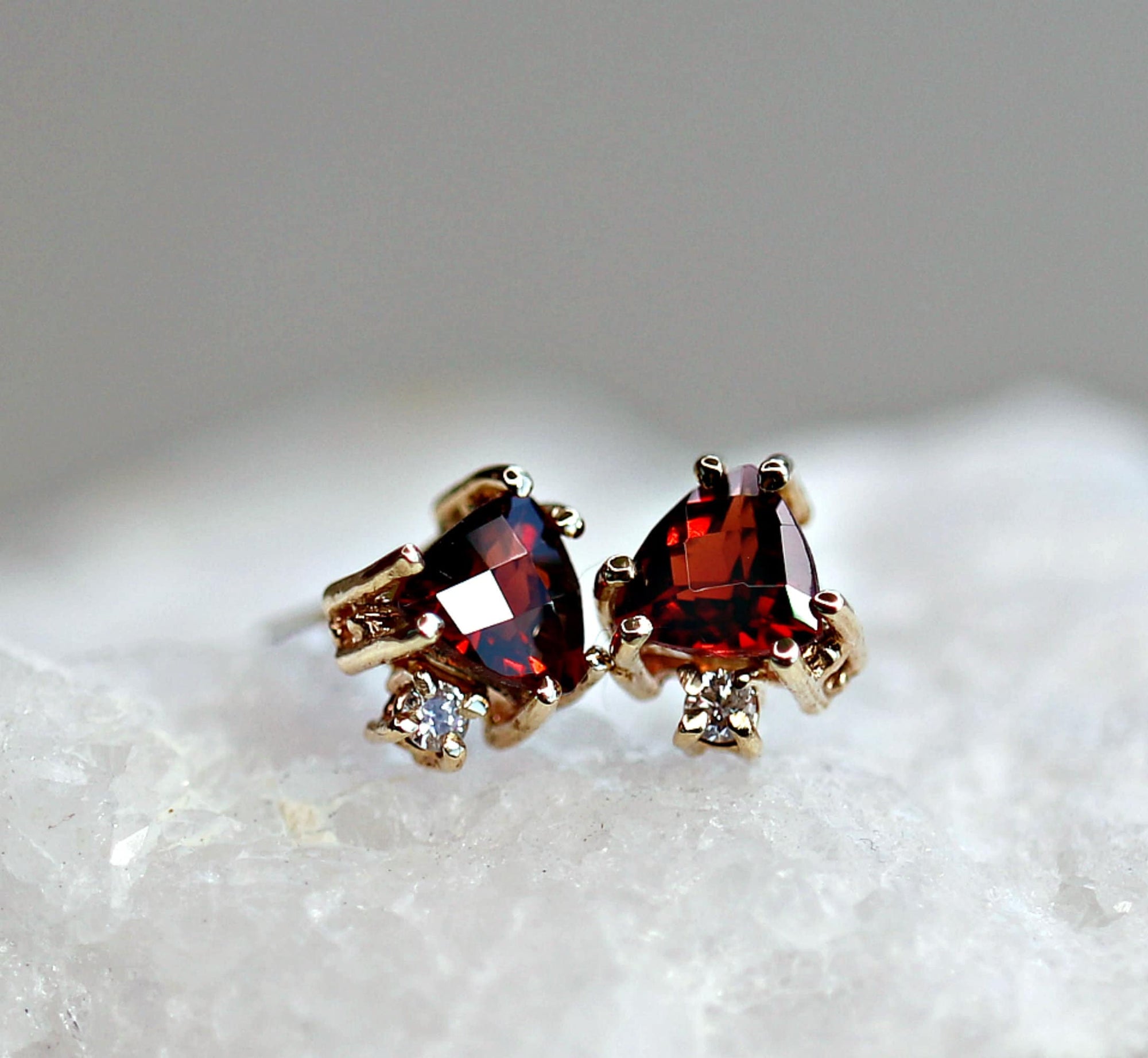 Triangle Garnet Stud Earrings with Diamonds in Solid 14k Gold Garnet Earrings