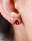 Triangle Garnet Stud Earrings with Diamonds, Solid 14k Gold Garnet Earrings, Geometric Jewelry, Diamond and Garnet Stud Earrings