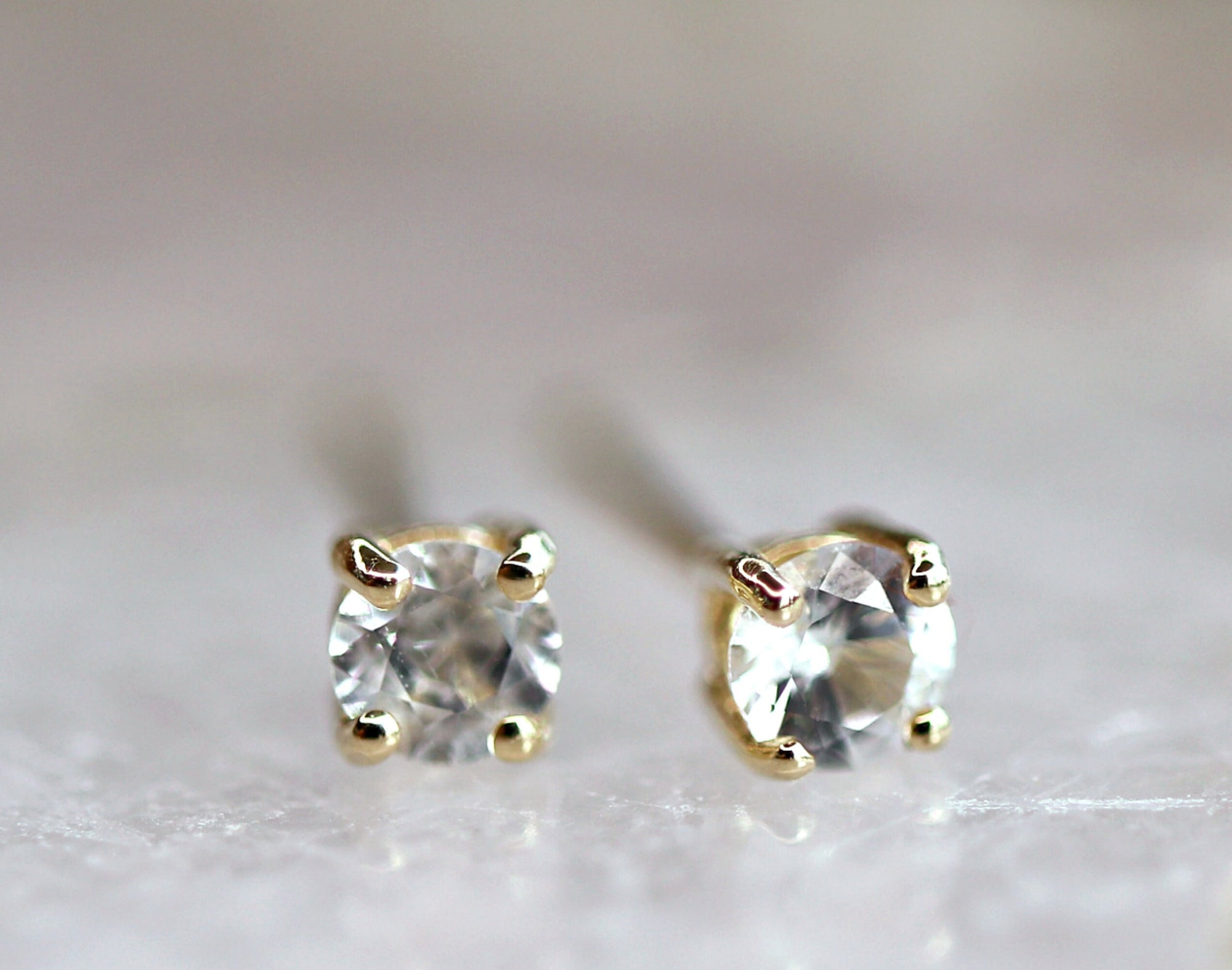 14k Gold White Sapphire Earrings, Minimalist Earrings, White Sapphire Bridal Earrings