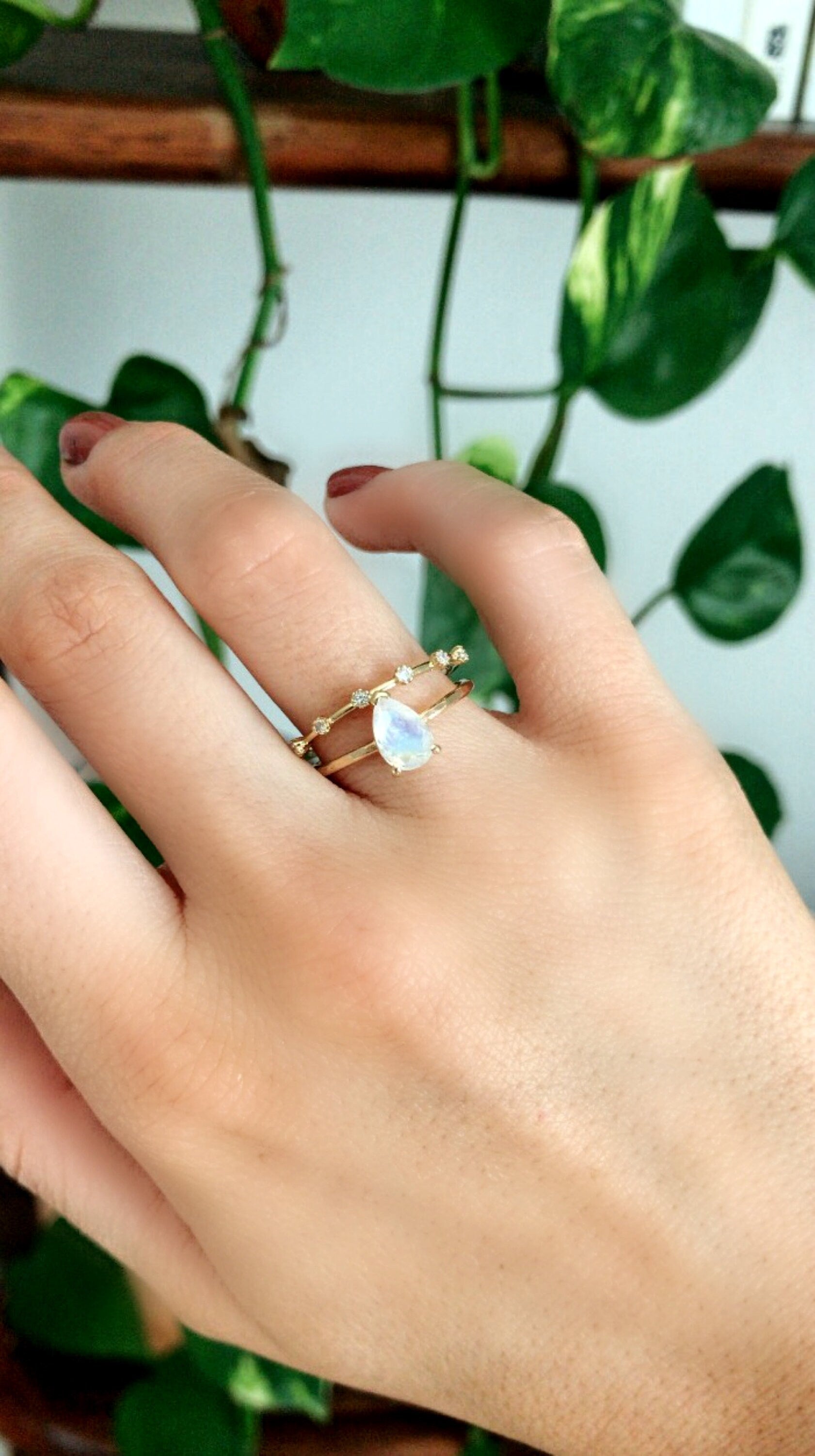 14k Gold Pear Cut Rainbow Moonstone Ring