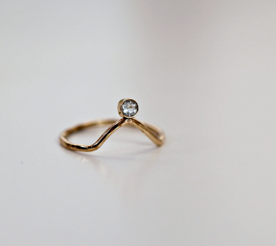 14k Gold V Ring, Aquamarine Ring