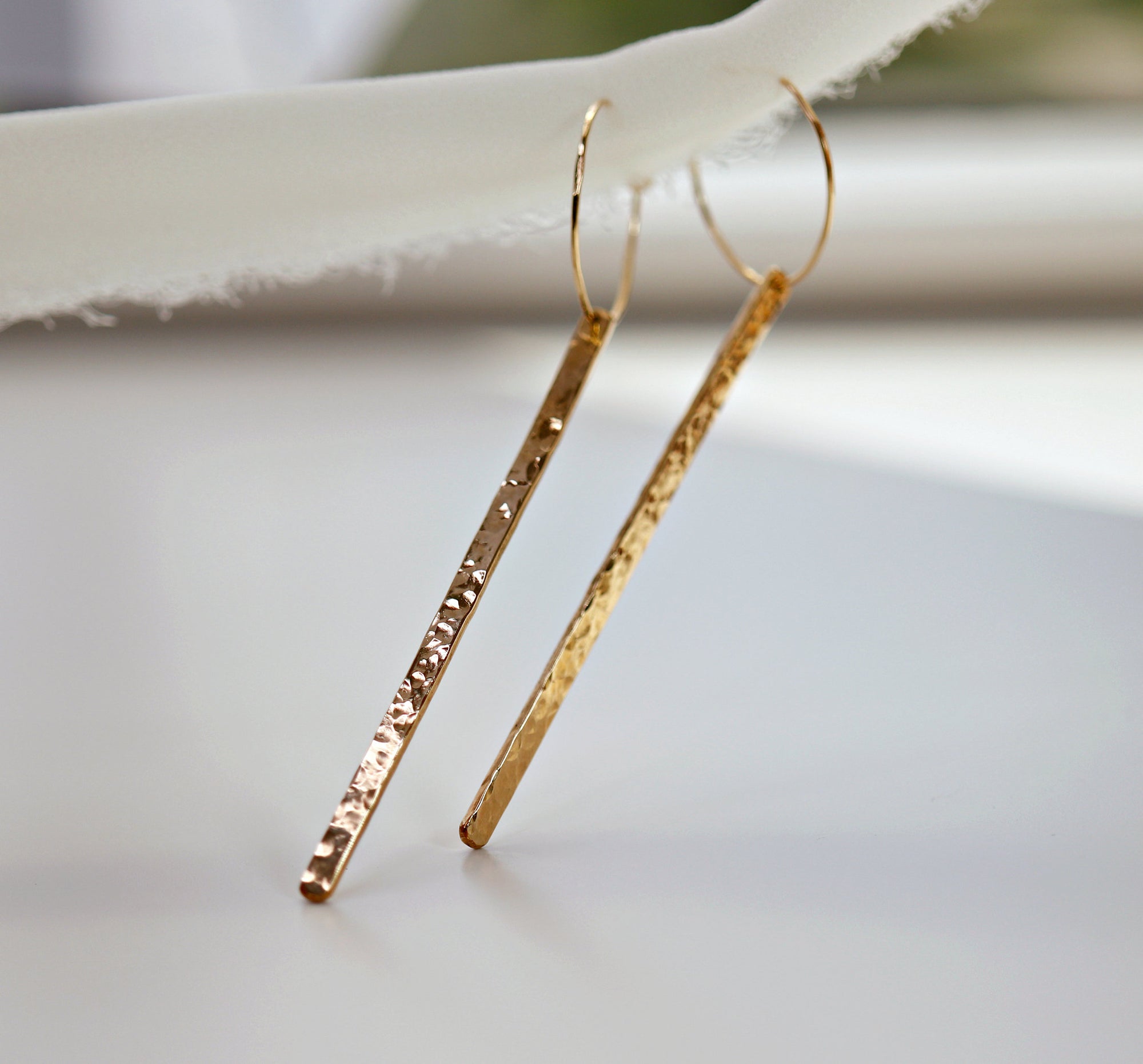 Hammered Gold Long Bar Earrings