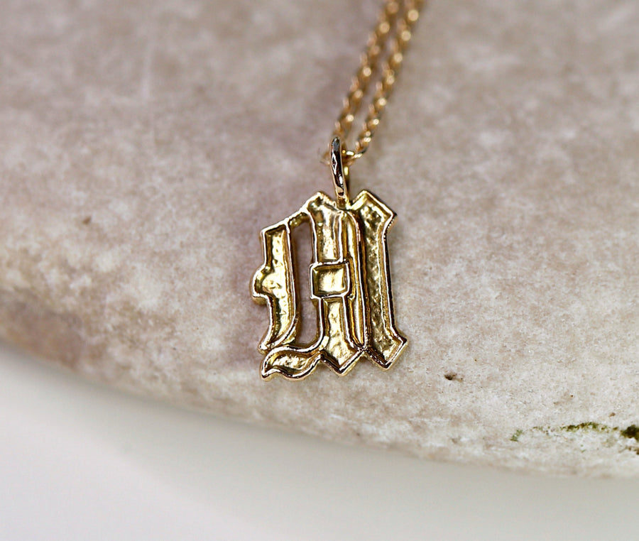 14k Solid Gold Old English Initial Necklace