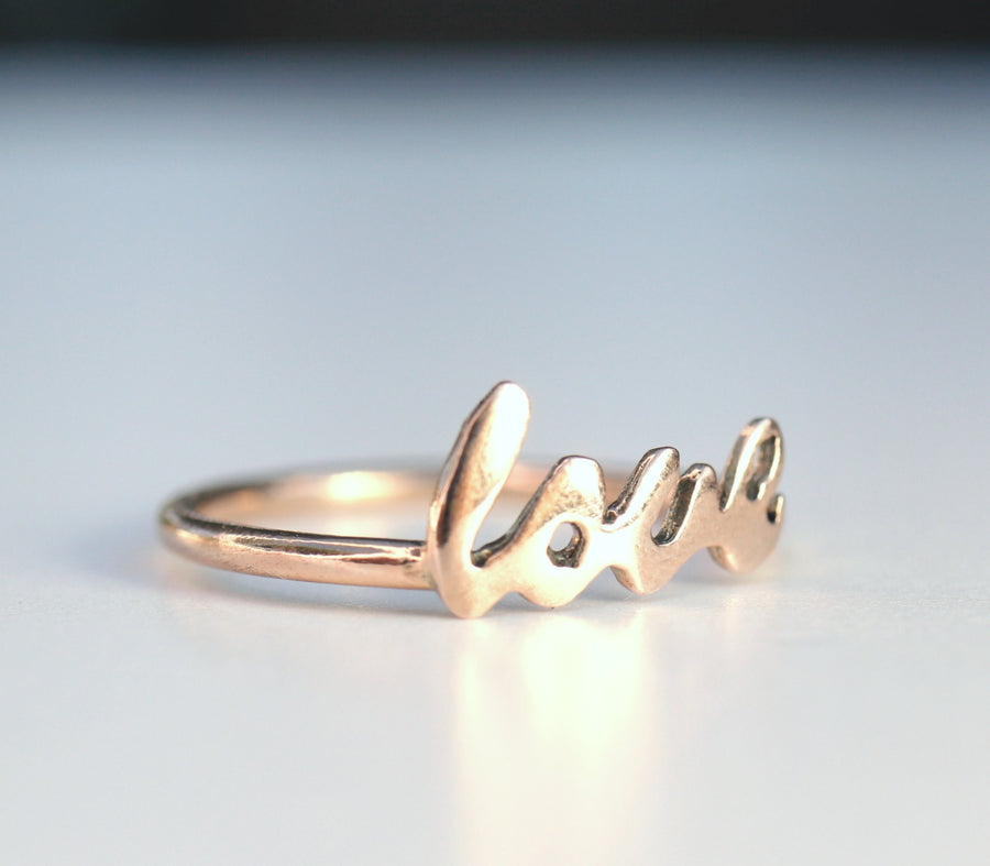 14k Gold Love Ring, Script Love Ring