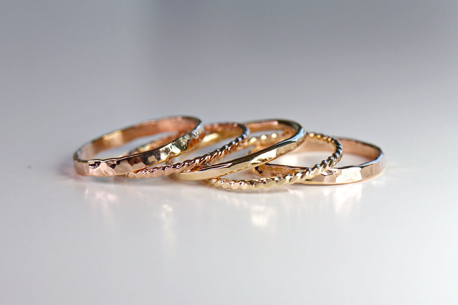 Gold Stacking Rings, Set of 5 Rings, Hammered and Twisted Bands