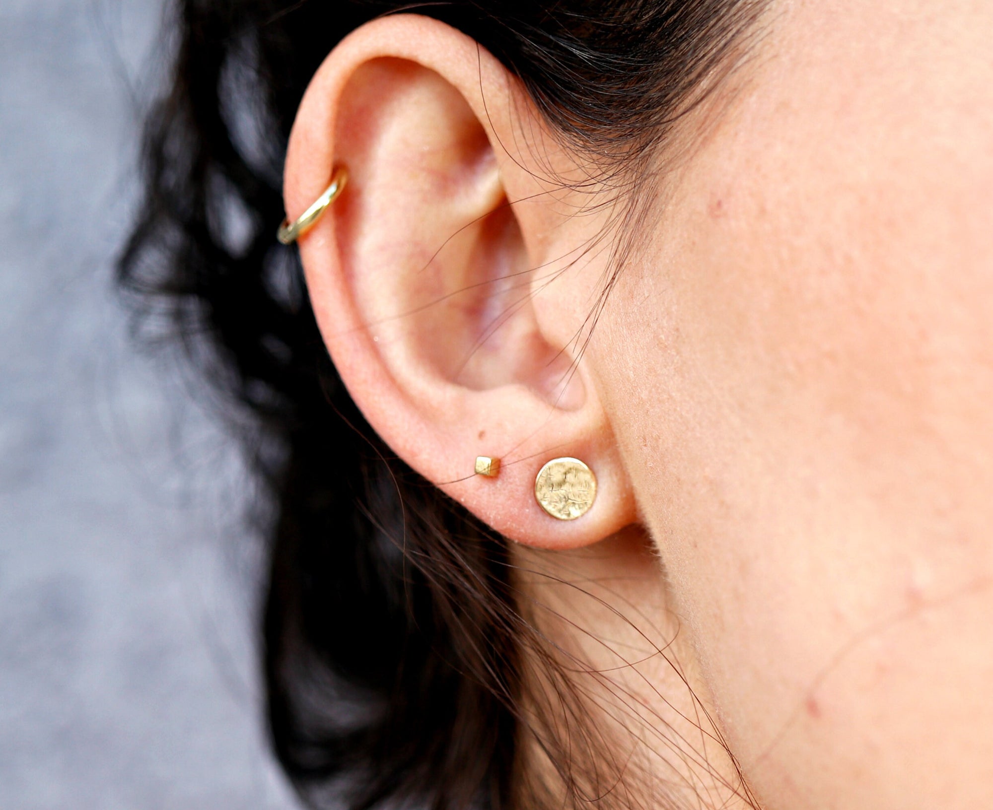 Hammered Gold Stud Earrings, 14k Solid Gold Disc Earrings