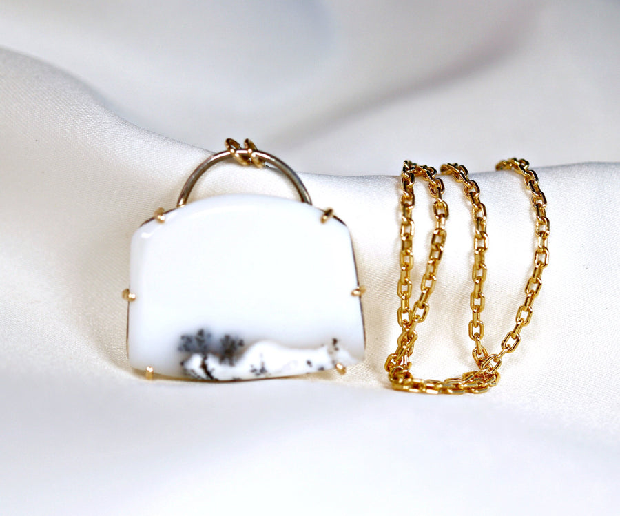 14k Gold Prong Dendritic Opal Necklace