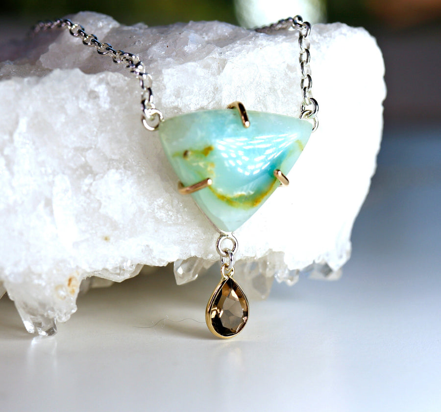 14k Gold Genuine Opal Necklace, Smokey Quartz & Peruvian Opal Pendant
