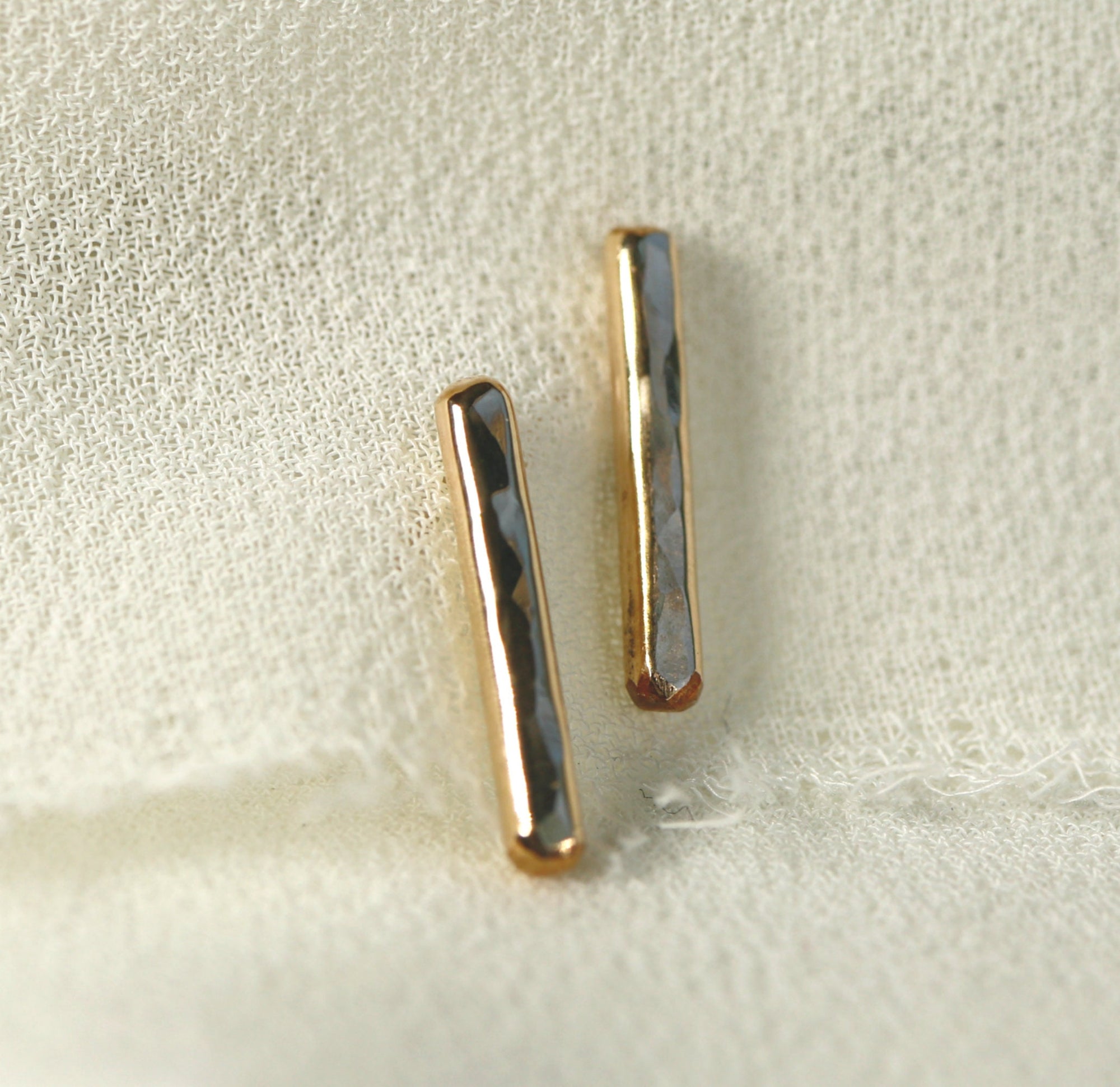 Minimal Simple Hammered Bar Stud Earrings Gold Filled