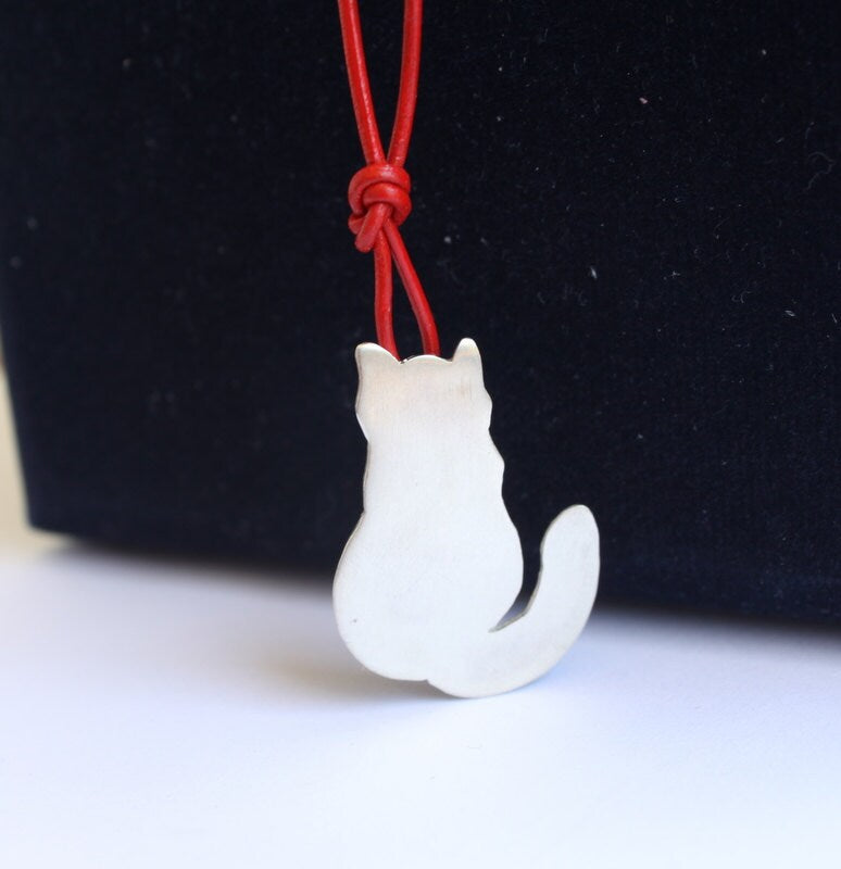 Cat Pendant Necklace, Cat Lover Gift, Mr. Cat Pendant, Red Leather Cat Necklace, Cat Charm