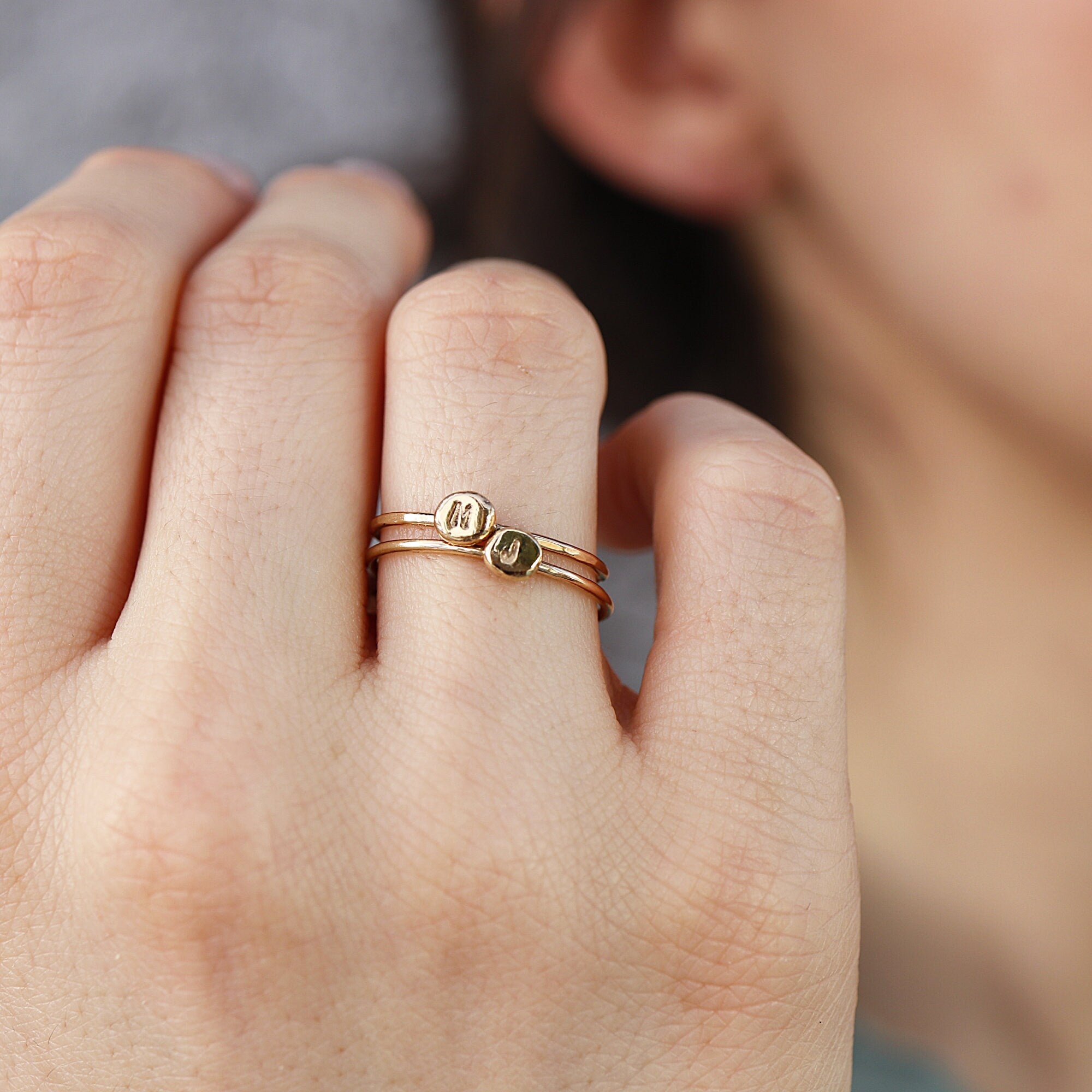 Gold Initial Ring, Solid 14k Gold Rustic Pebble Ring