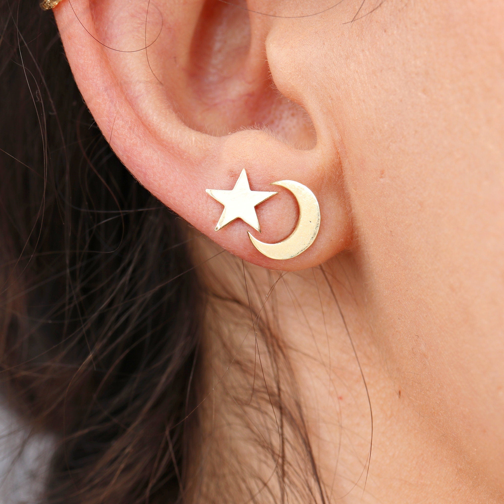 Moon and Star Earrings 14k Solid Gold