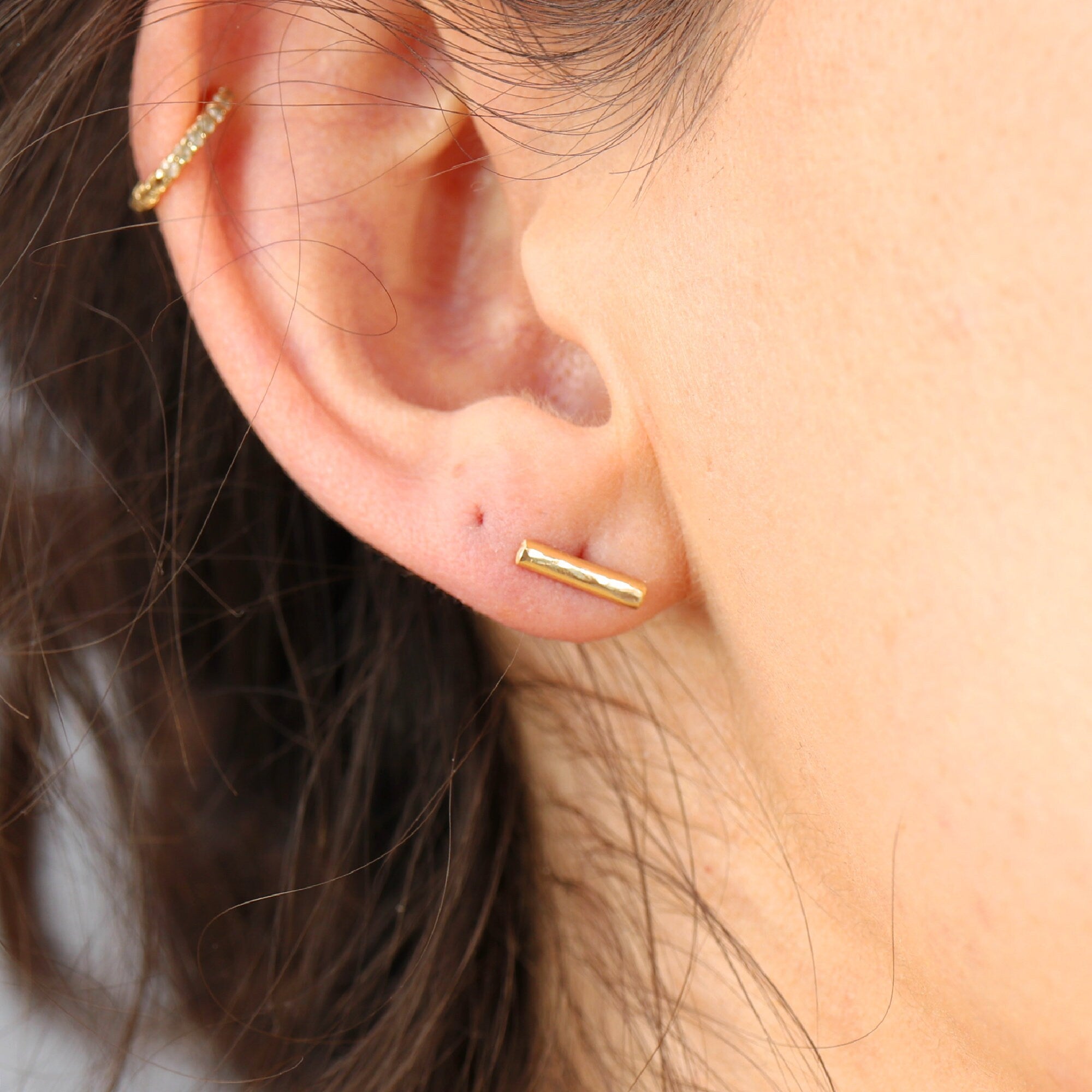 14k Gold Hammered Bar Stud Earrings