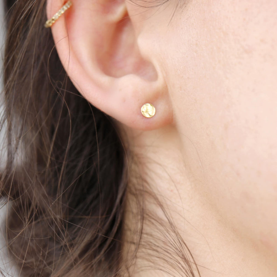 14k Solid Gold Stud Earrings - 4mm Hammered Disc Studs