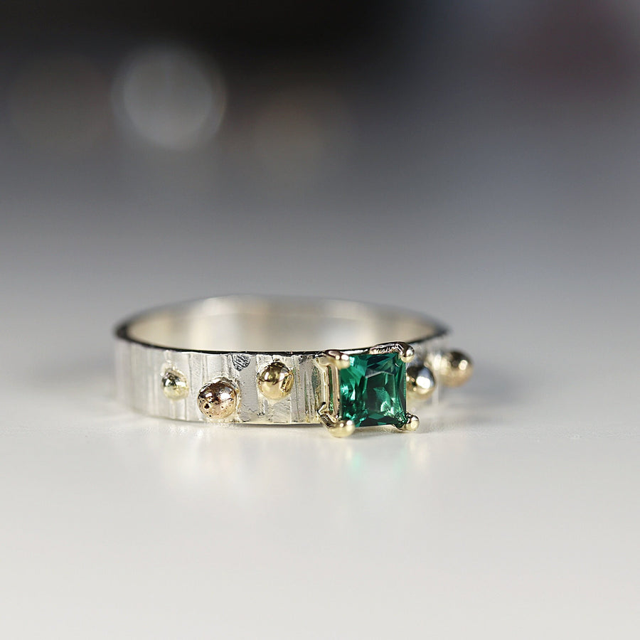 Mixed Metal Emerald Ring Textured Band Sterling Silver and Gold Granule Accents