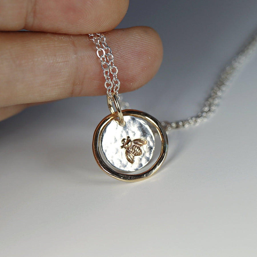 Personalized Honey Bee Necklace with Gold Circle - Mixed Metal Jewelry