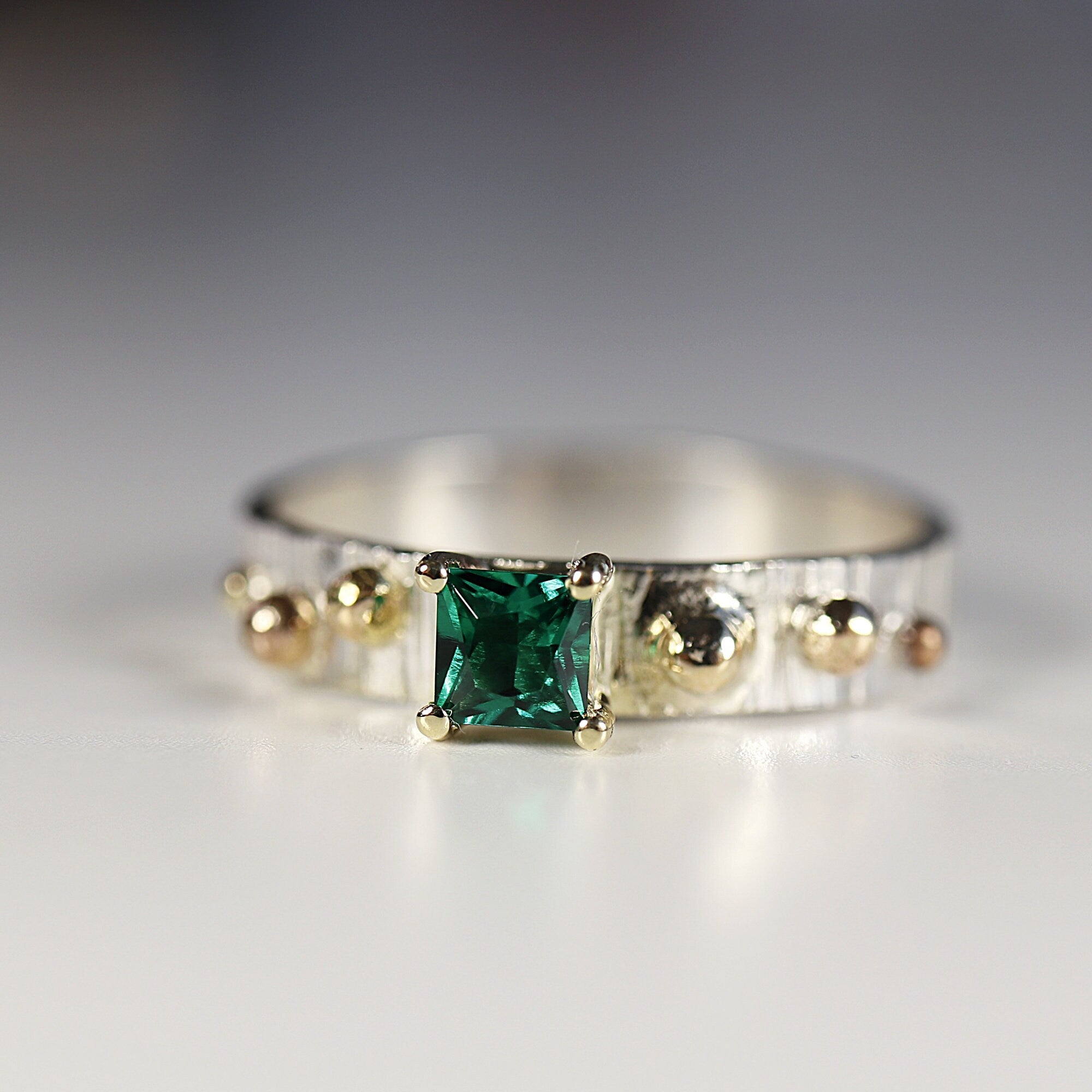 Mixed Metal Emerald Ring Textured Band Sterling Silver and Gold Granule Accents