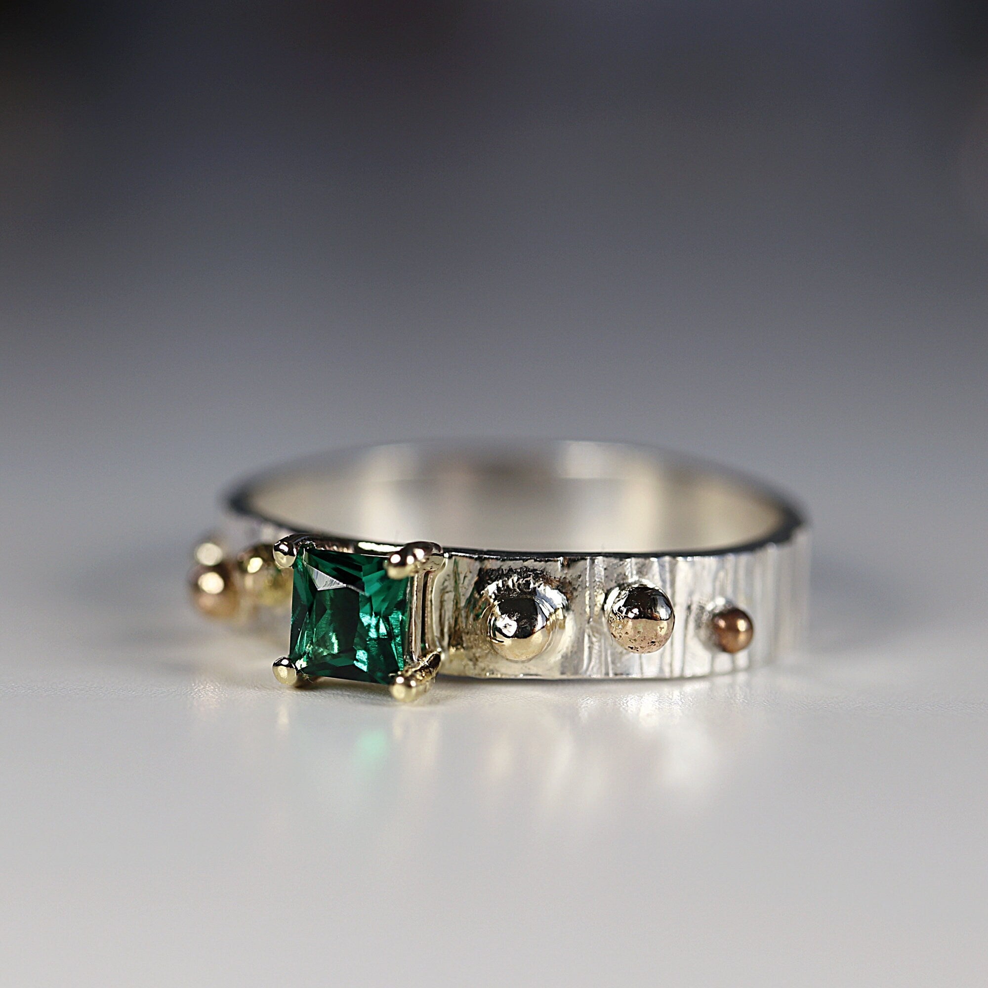 Mixed Metal Emerald Ring Textured Band Sterling Silver and Gold Granule Accents