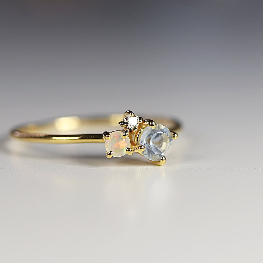 Dainty Aquamarine, Opal, Diamond Cluster Ring