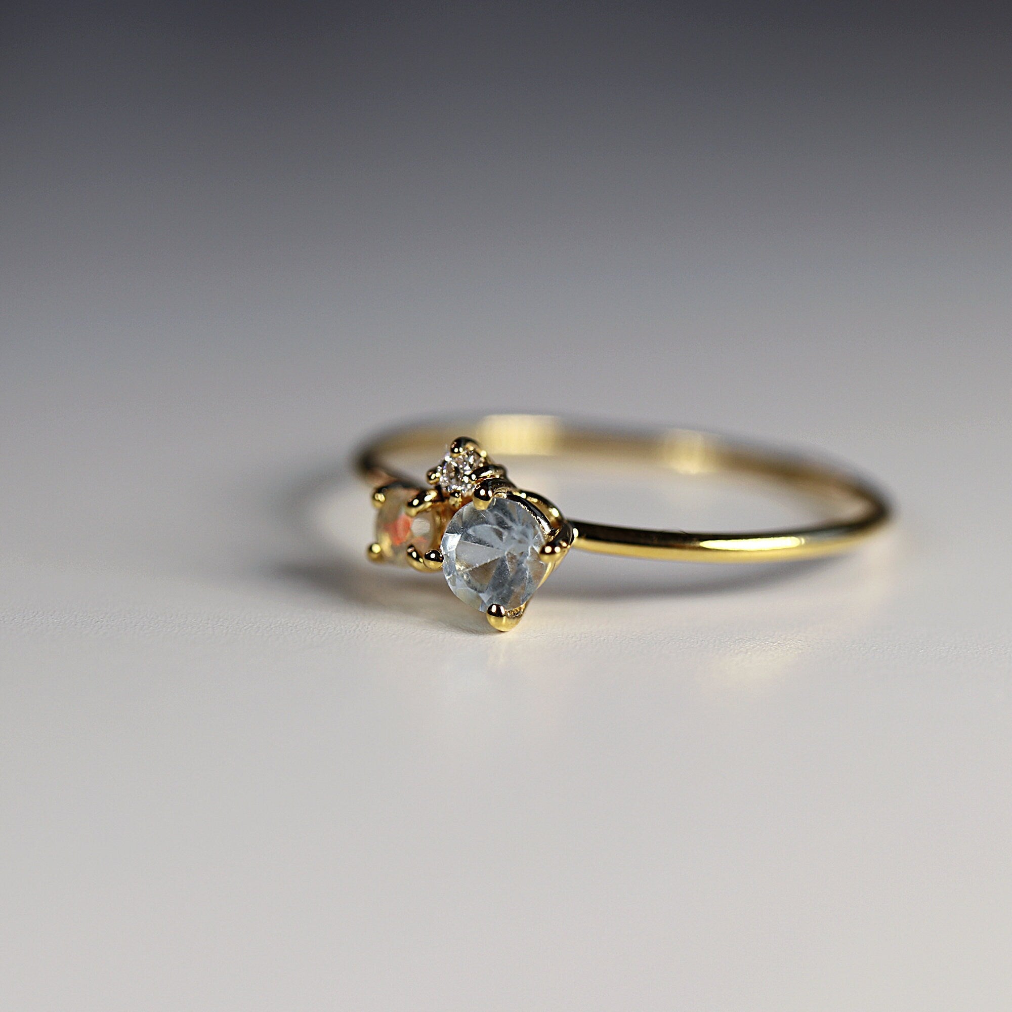 Dainty Aquamarine, Opal, Diamond Cluster Ring