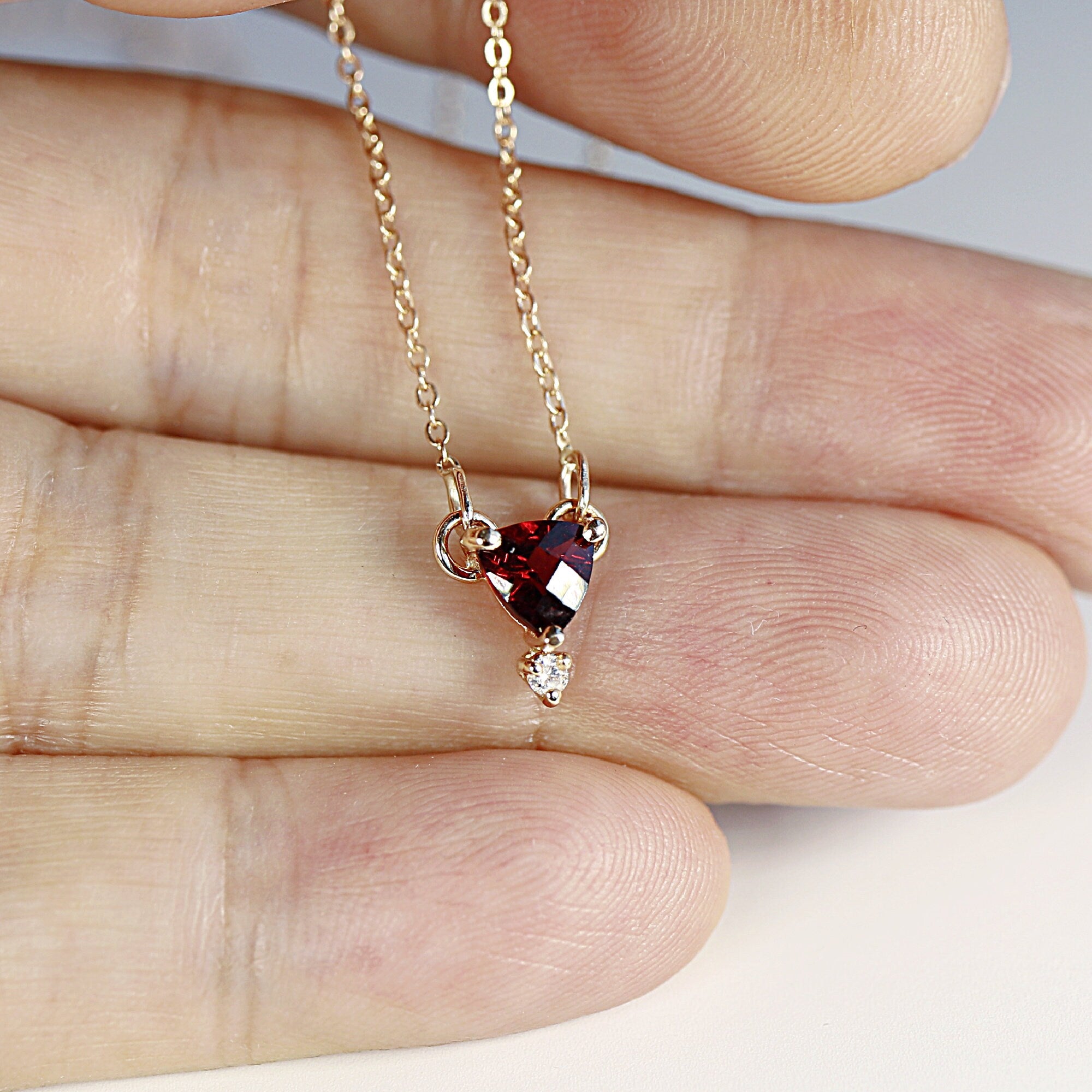 Diamond &amp; Trillion Red Garnet Necklace 14k Gold