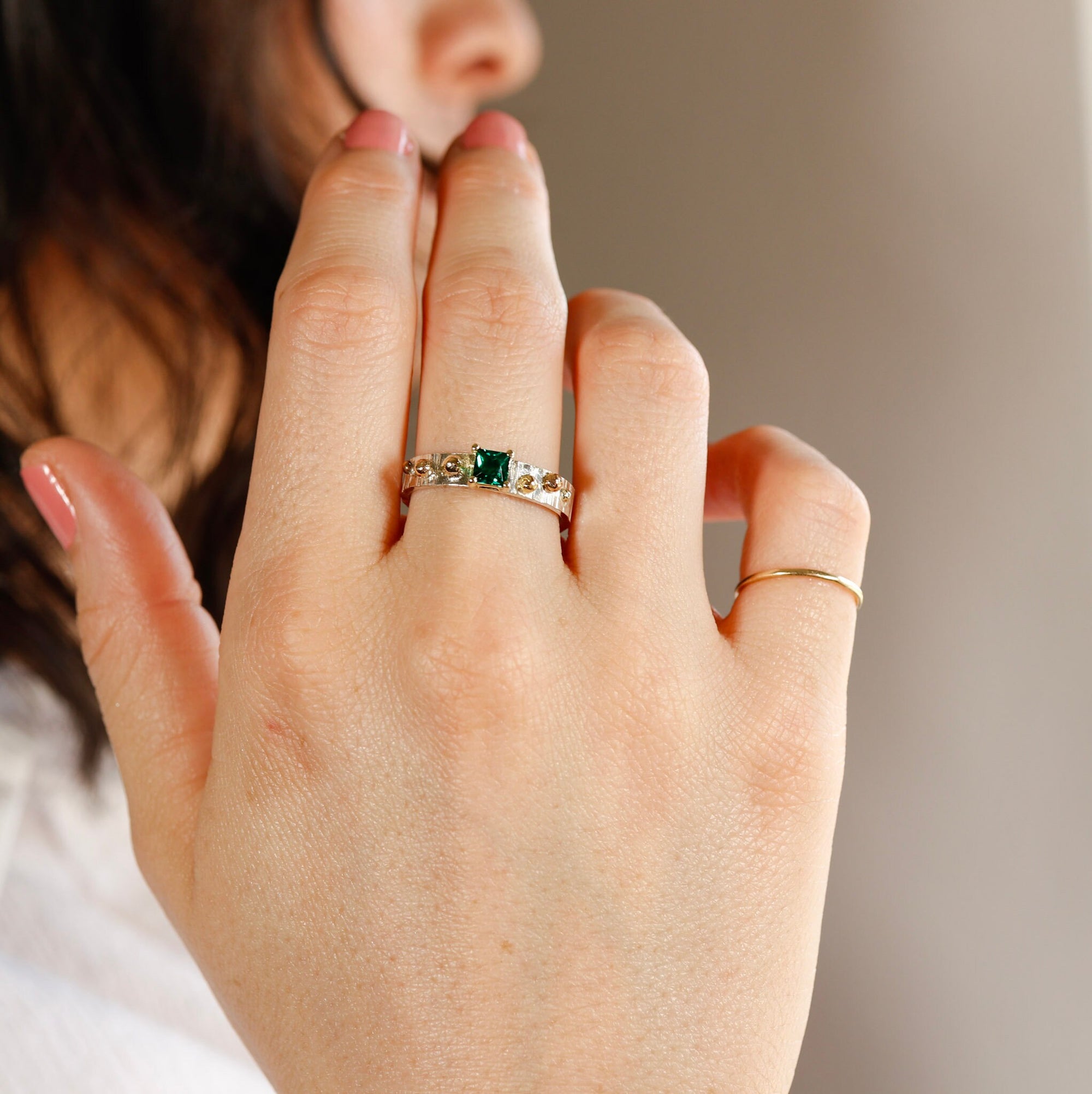 Mixed Metal Emerald Ring Textured Band Sterling Silver and Gold Granule Accents