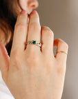 Mixed Metal Emerald Ring Textured Band Sterling Silver and Gold Granule Accents