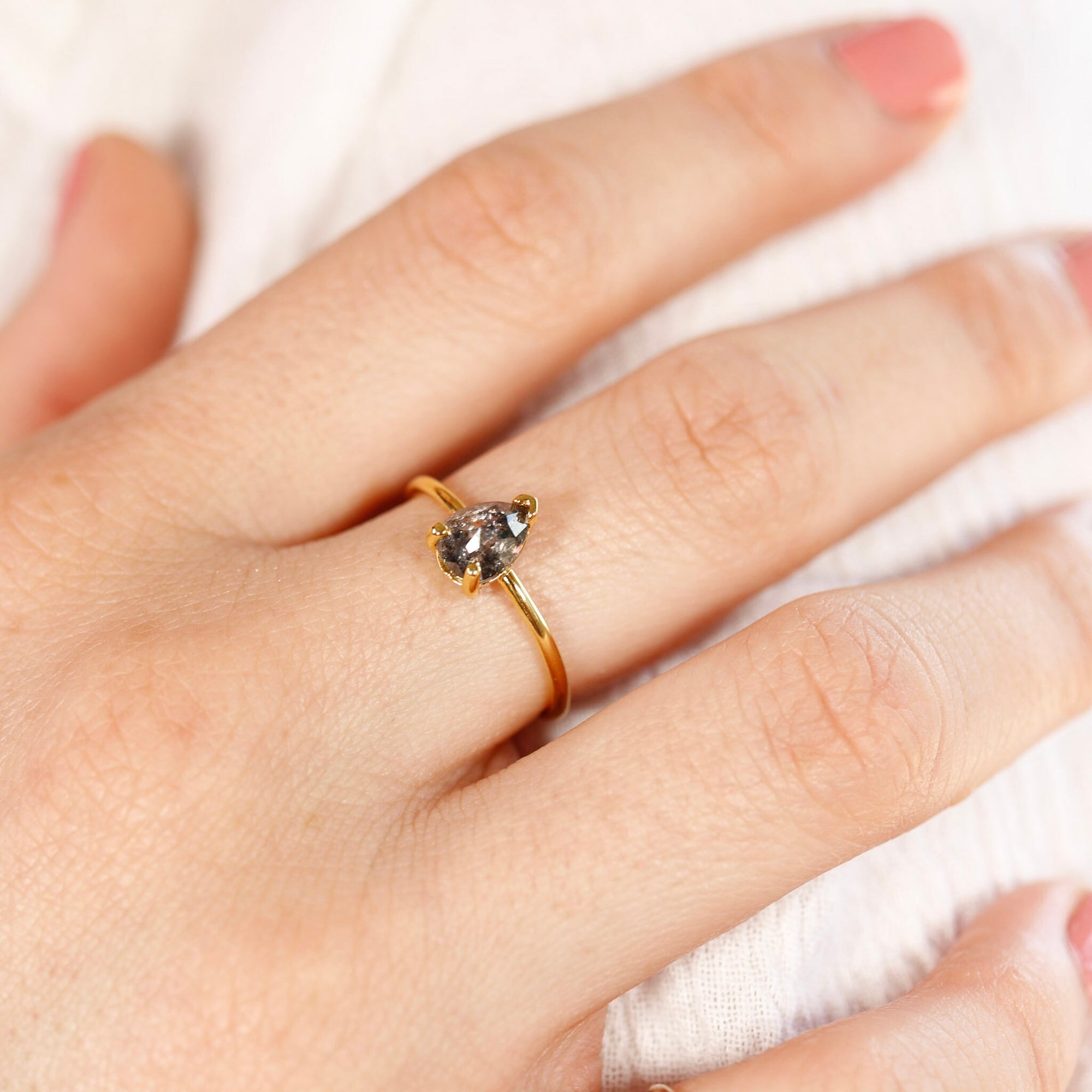 Salt and Pepper Diamond Ring, Rose Cut Pear Diamond Ring