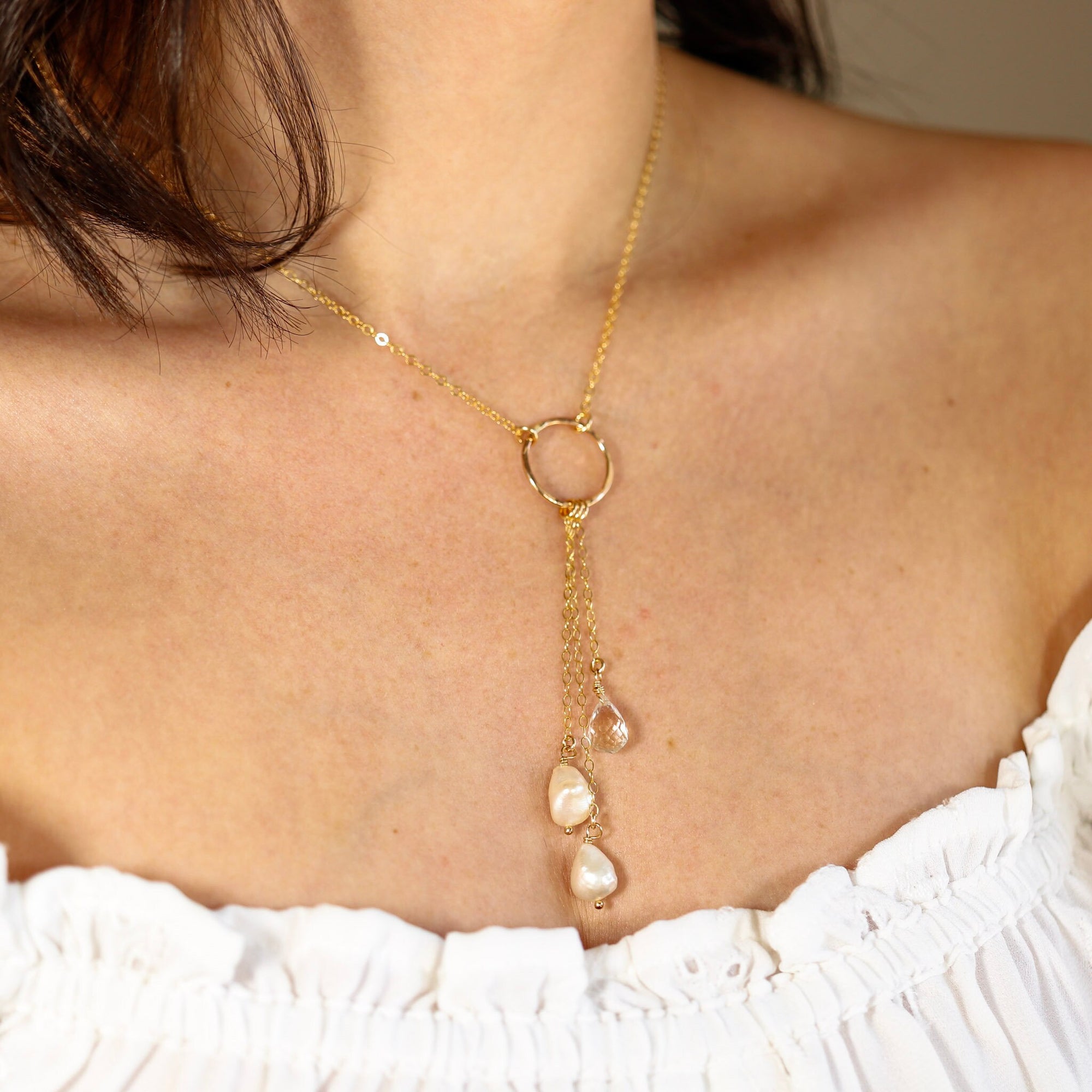 White Topaz and Pearl Gold Lariat Necklace