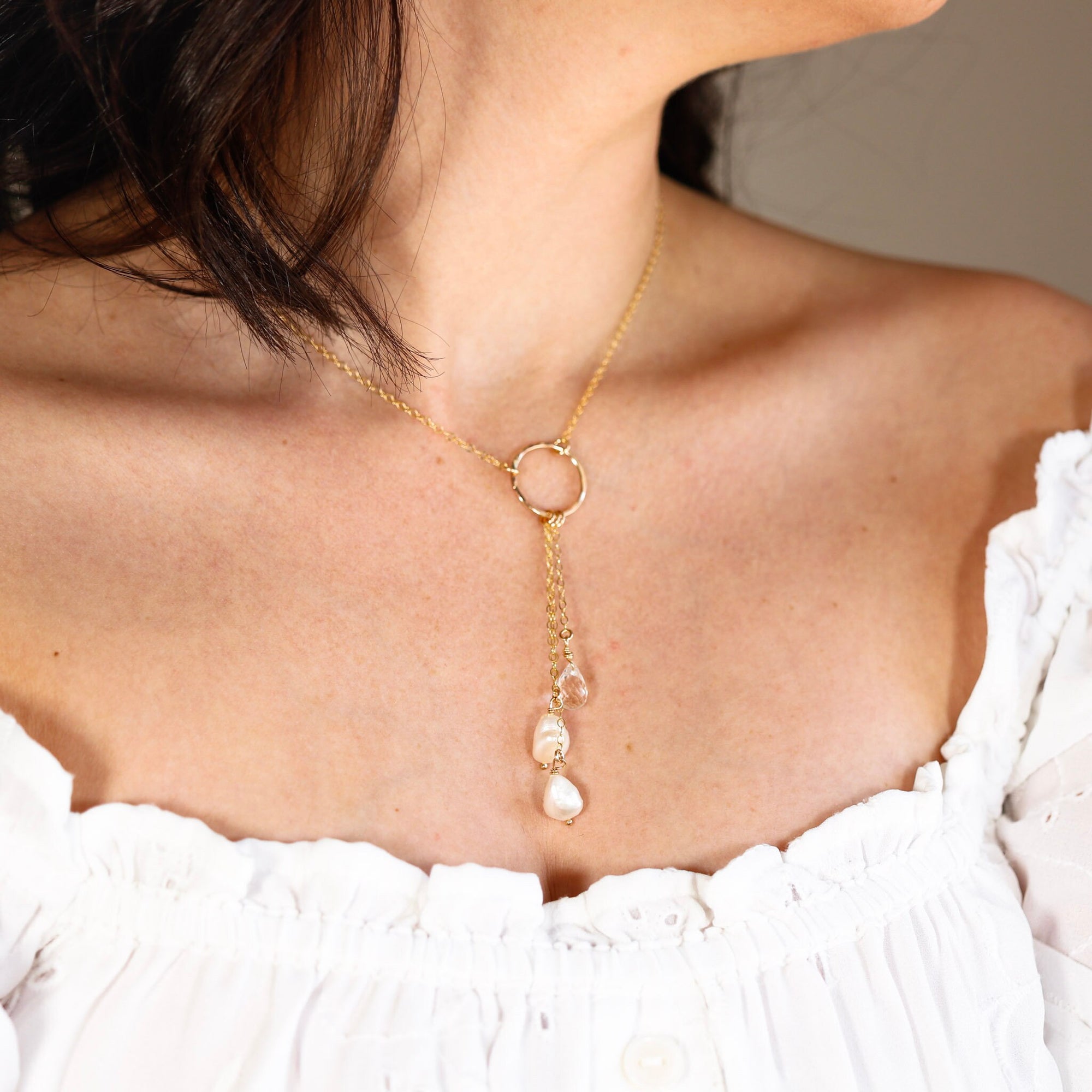 White Topaz and Pearl Gold Lariat Necklace