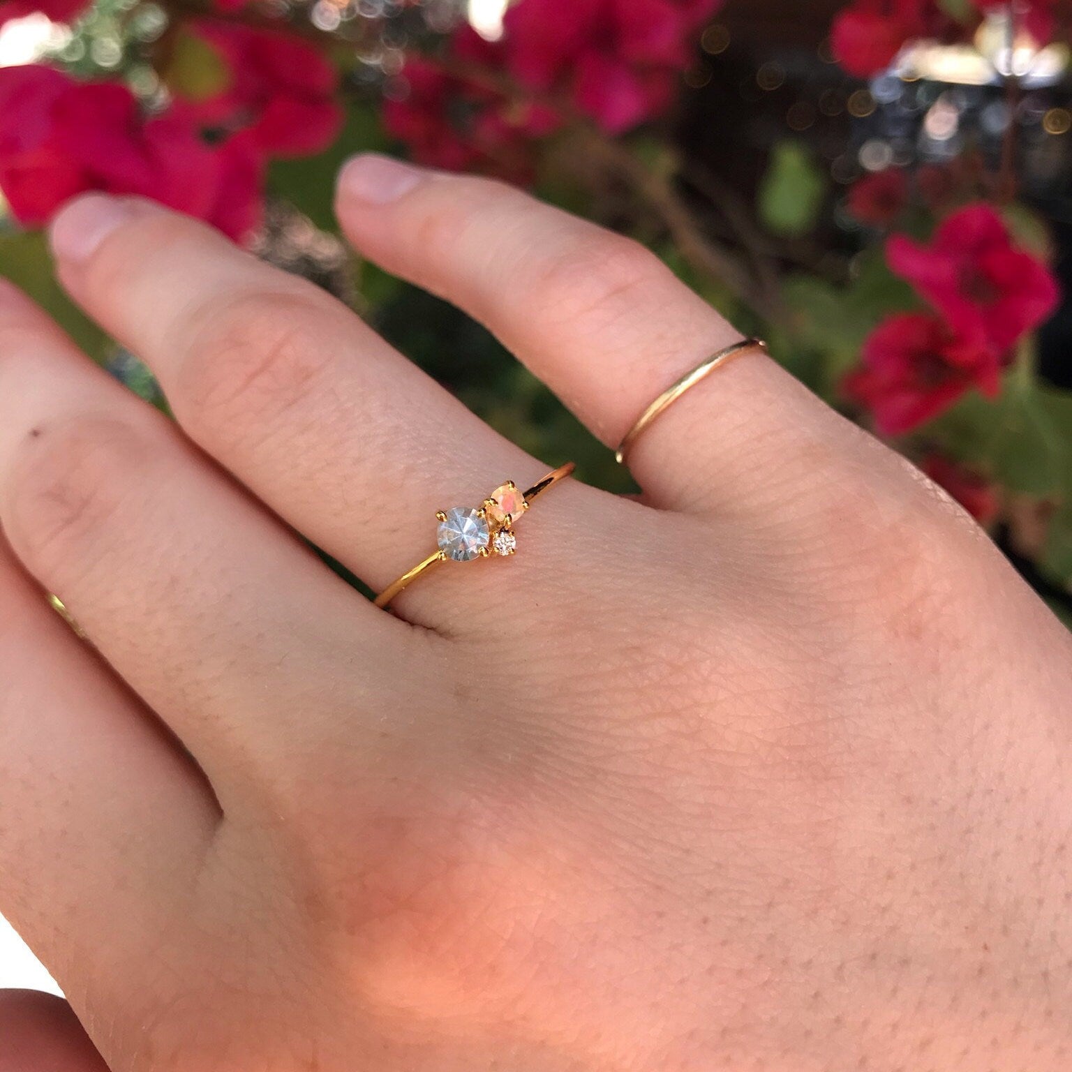 Dainty Aquamarine, Opal, Diamond Cluster Ring