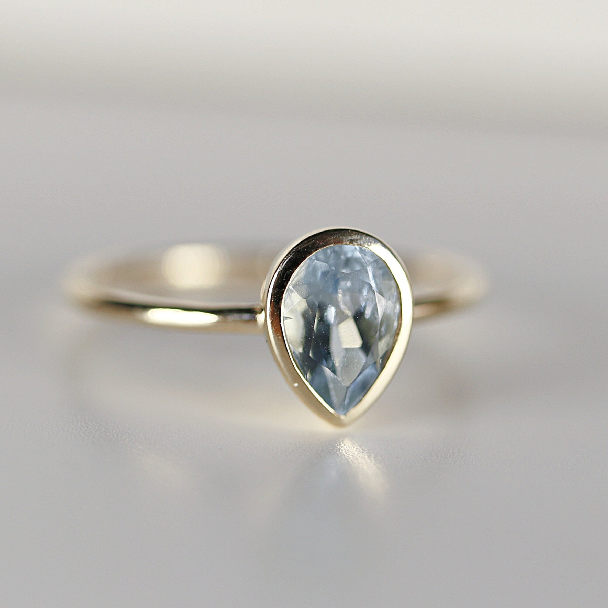 Pear Aquamarine Ring, Bezel Set 14k Gold Ring