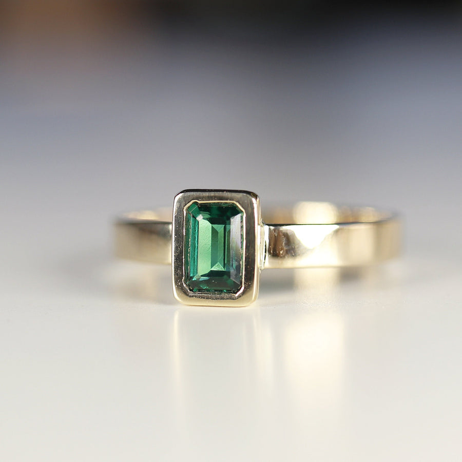 Bezel Set Emerald Ring 14k Solid Gold, Mens Emerald Ring, Emerald Cut Emerald Unisex Ring, Thick Band May Birthstone Ring, Fathers Day Gift