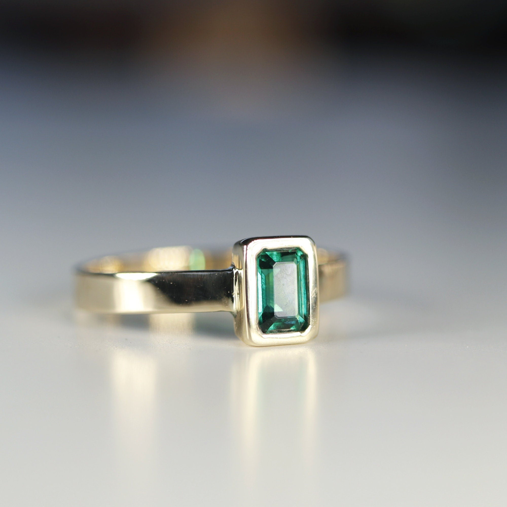 Bezel Set Emerald Ring 14k Solid Gold, Mens Emerald Ring, Emerald Cut Emerald Unisex Ring, Thick Band May Birthstone Ring, Fathers Day Gift