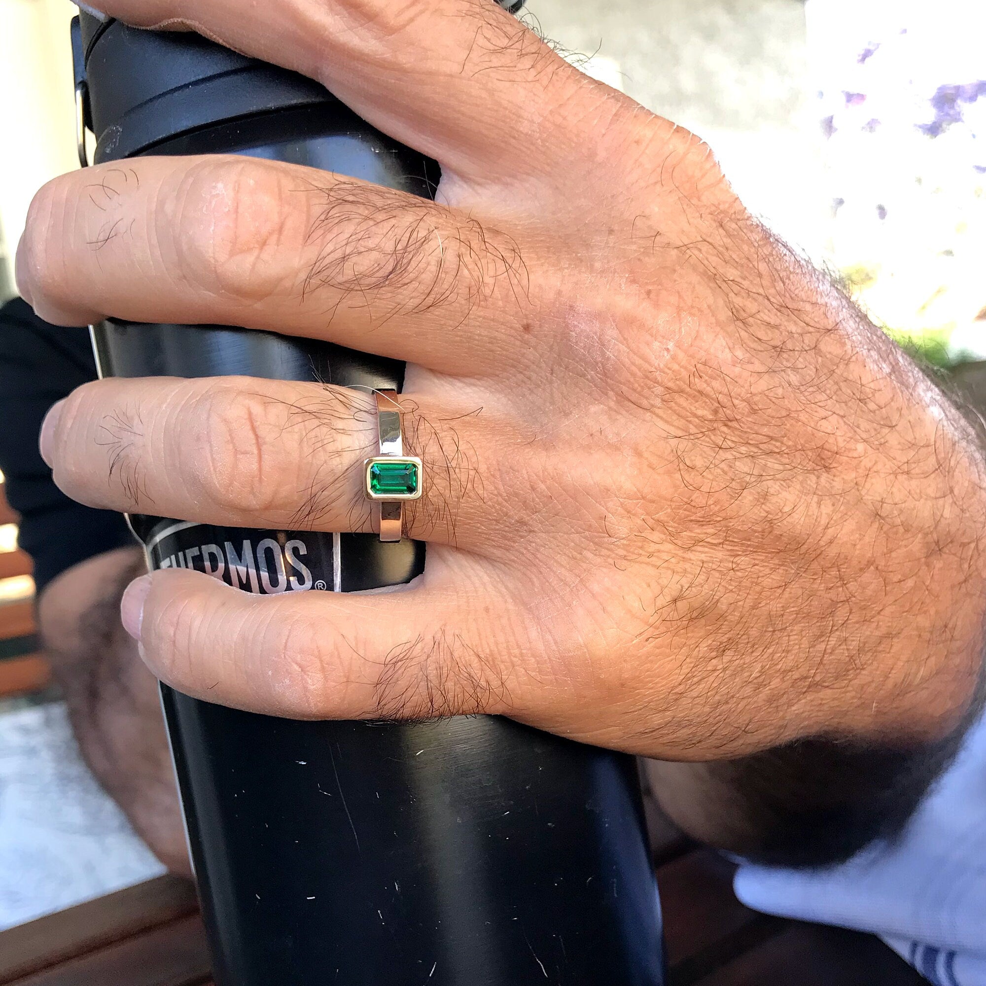 Bezel Set Emerald Ring 14k Solid Gold, Mens Emerald Ring, Emerald Cut Emerald Unisex Ring, Thick Band May Birthstone Ring, Fathers Day Gift