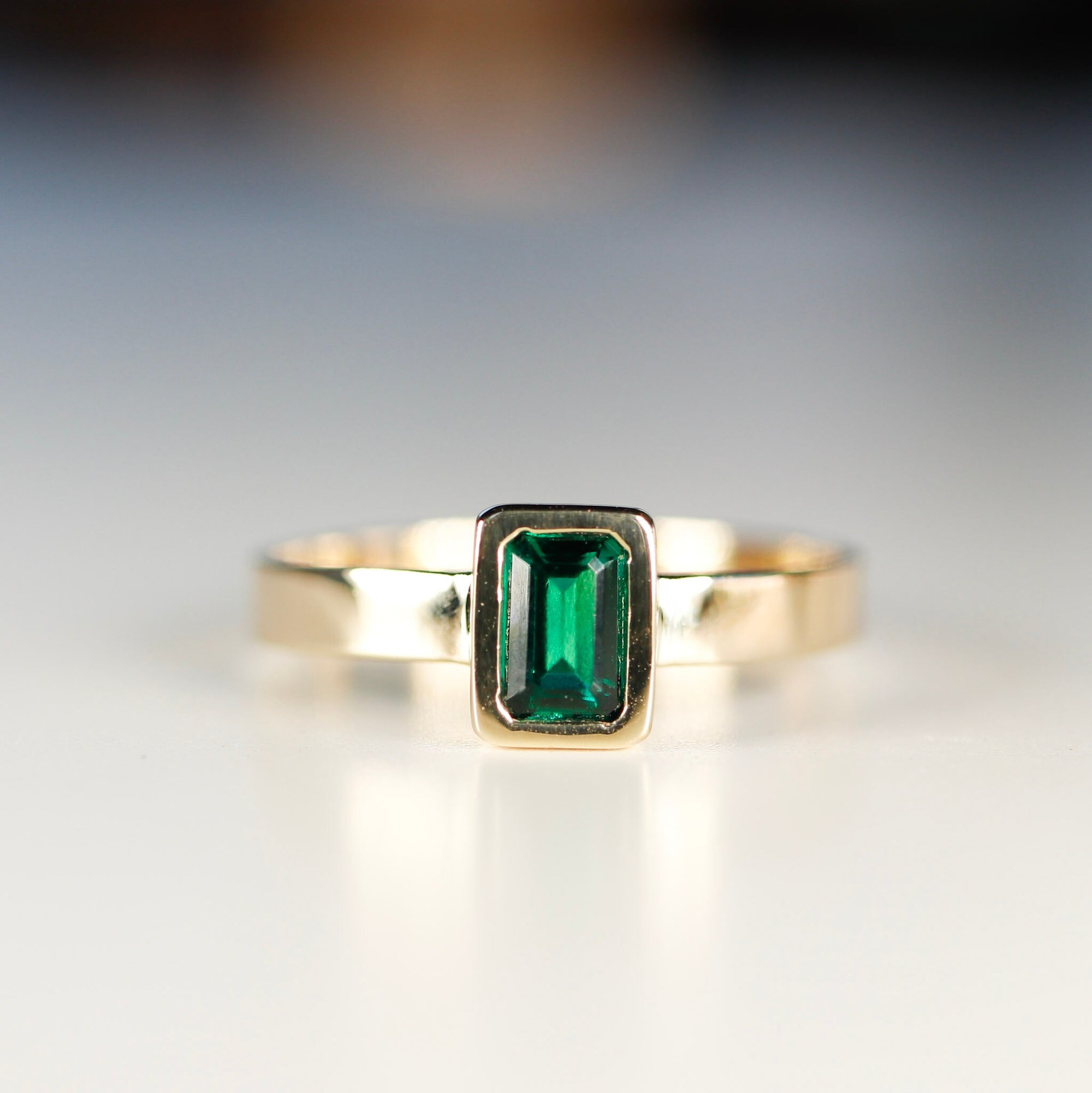 Bezel Set Emerald Ring 14k Solid Gold, Mens Emerald Ring, Emerald Cut Emerald Unisex Ring, Thick Band May Birthstone Ring, Fathers Day Gift